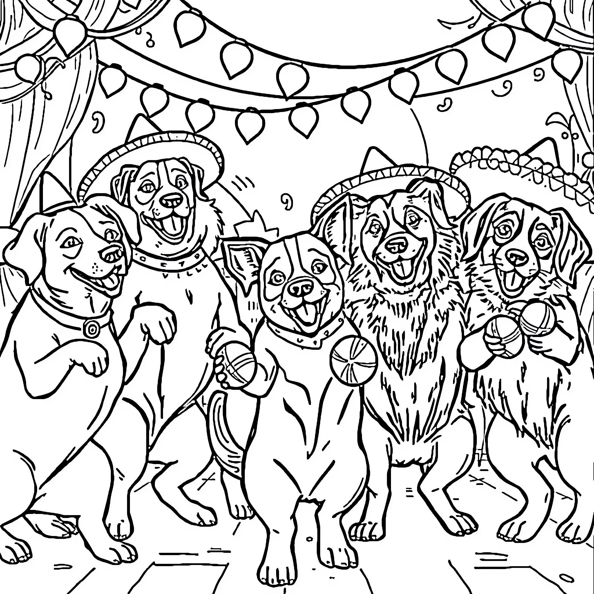 Dog Party with Festive Decorations Coloring Page (free black-and-white line drawing printable PDF for all, from beginners to advanced learners, including children, teens, adults, and seniors)