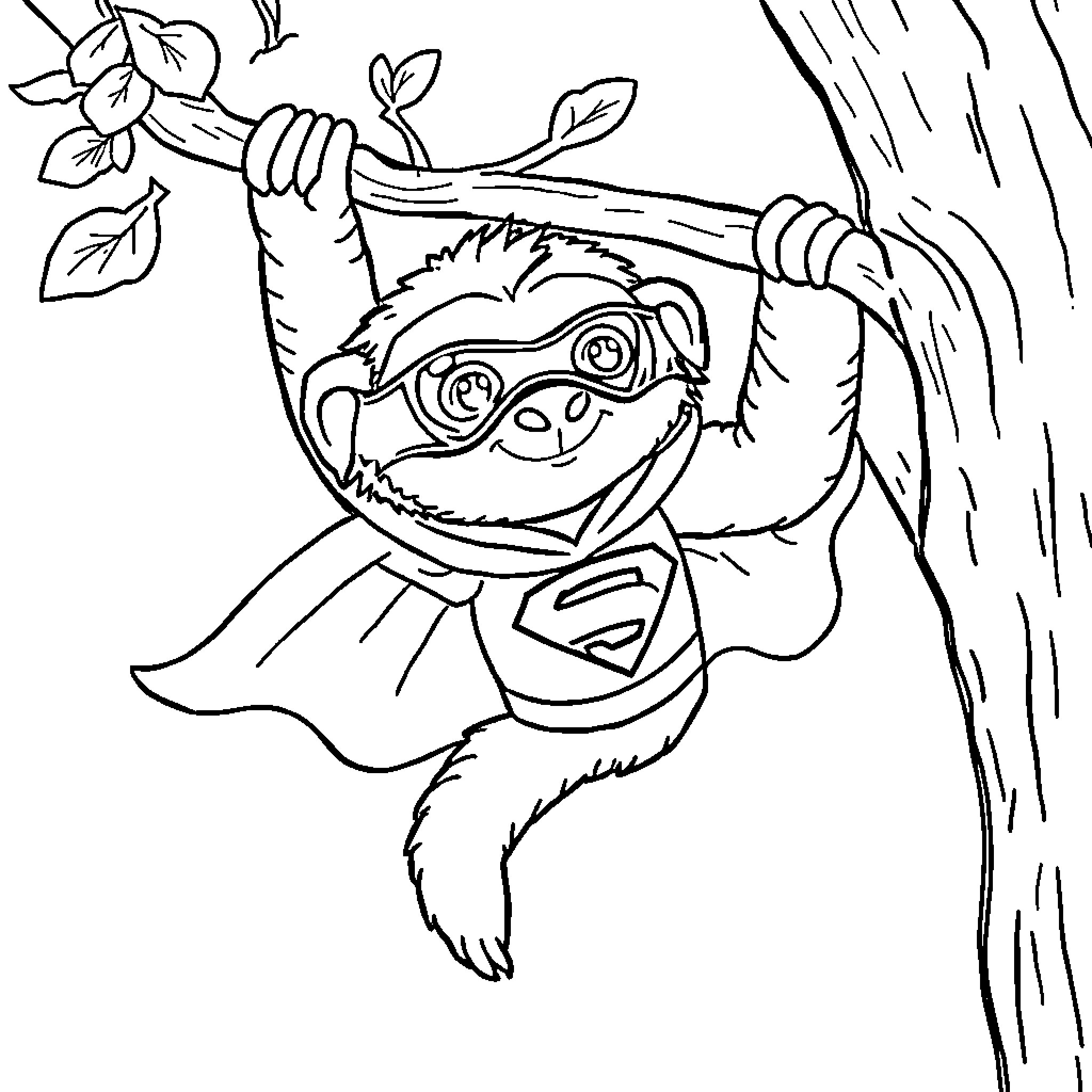 Superhero Sloth Swinging in the Trees Coloring Page (free black-and-white line drawing printable PDF for all, from beginners to advanced learners, including children, teens, adults, and seniors)