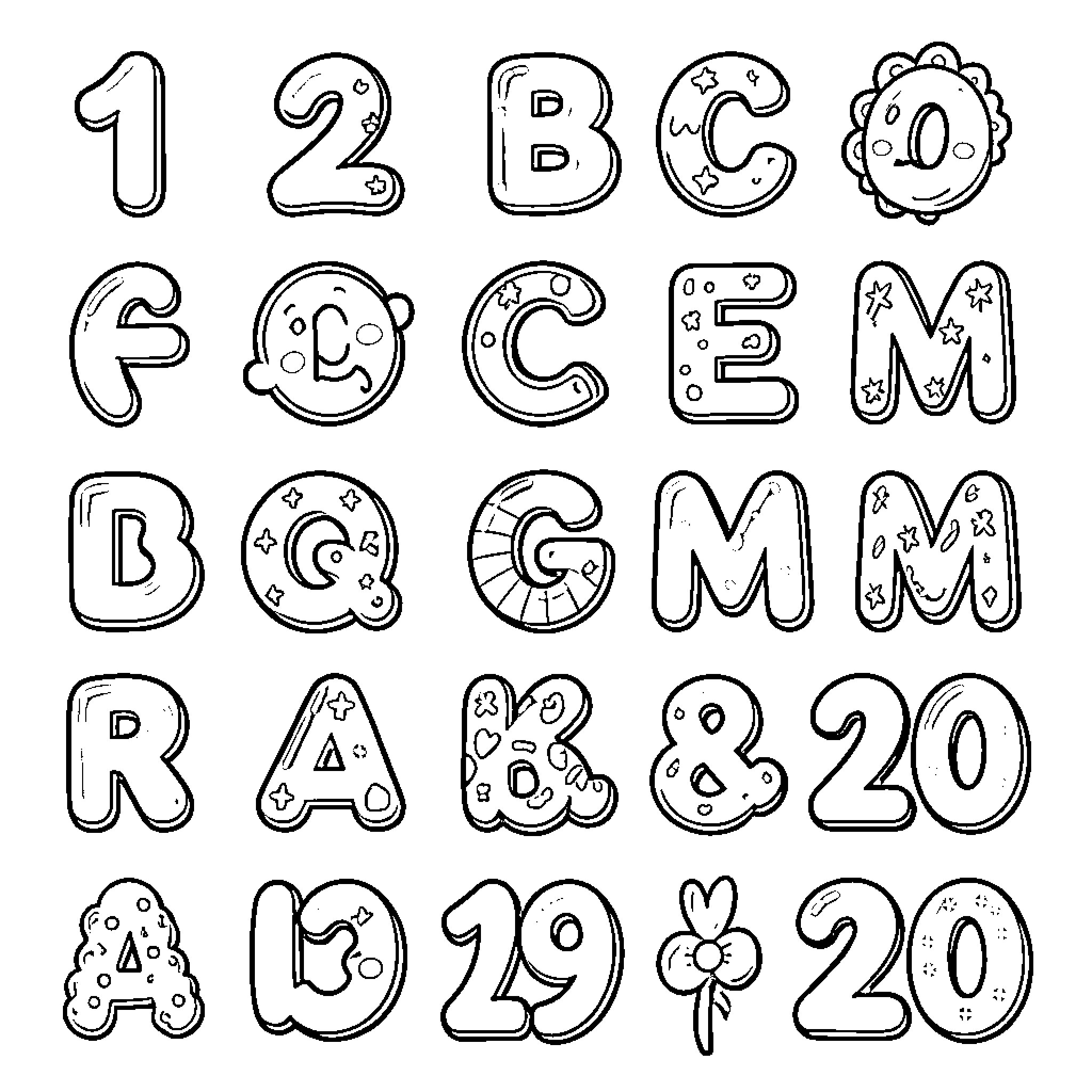 Roman Numerals with Whimsical Designs and Patterns Coloring Page (free black-and-white line drawing printable PDF for all, from beginners to advanced learners, including children, teens, adults, and seniors)