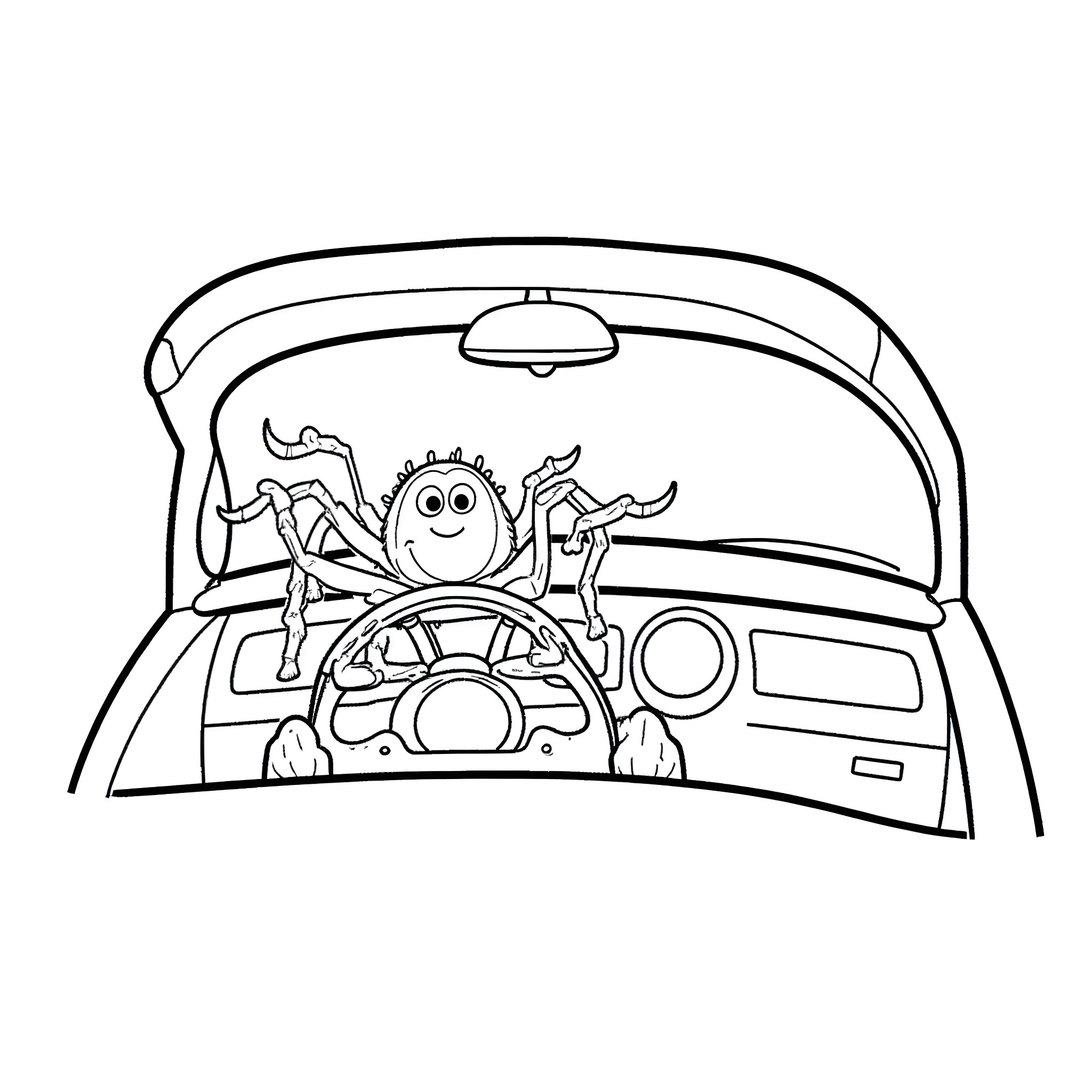 Spider driving happily in car with friendly expression Coloring Page (free black-and-white line drawing printable PDF for all, from beginners to advanced learners, including children, teens, adults, and seniors)
