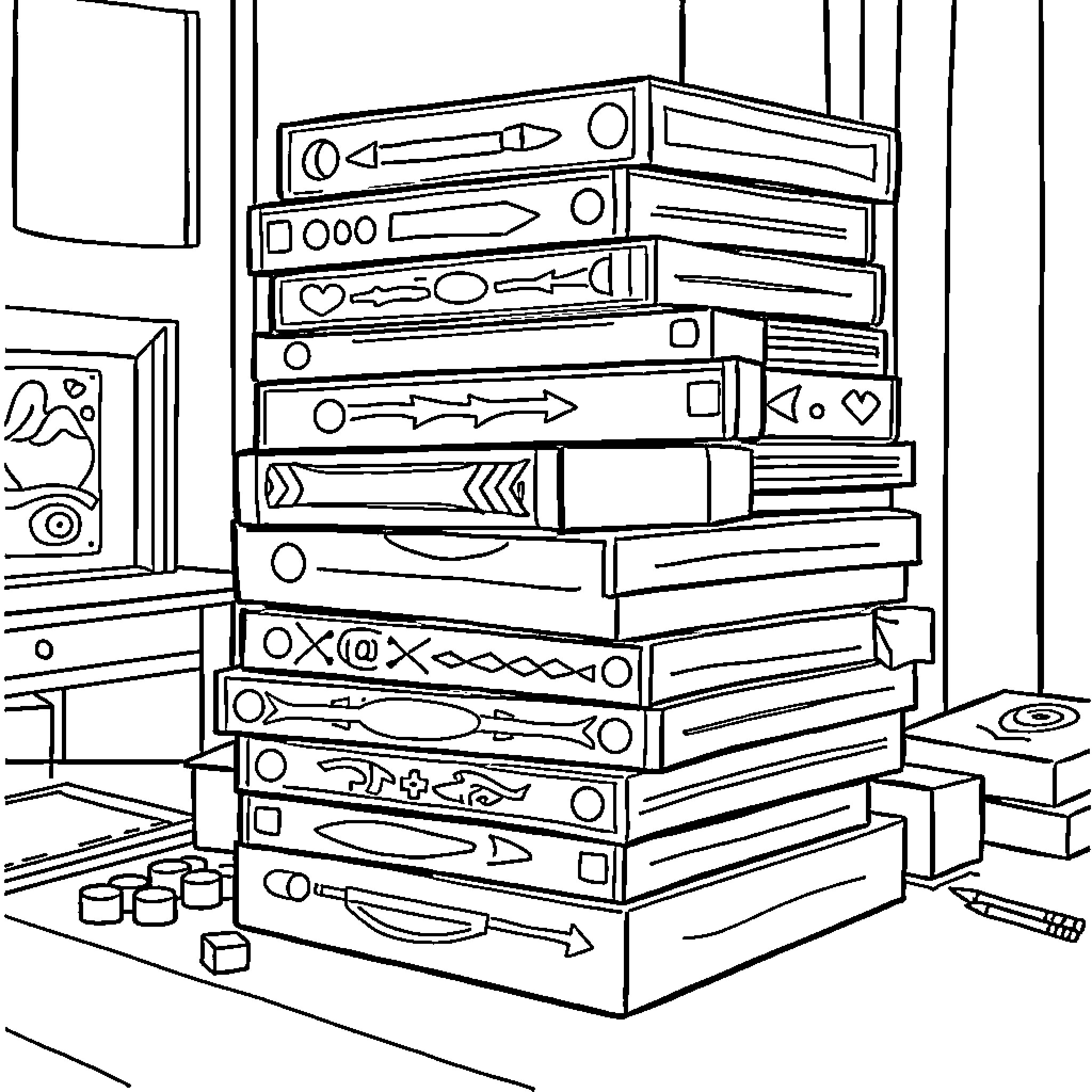 Board Game Collection Stacked in Messy Room Coloring Page (free black-and-white line drawing printable PDF for all, from beginners to advanced learners, including children, teens, adults, and seniors)