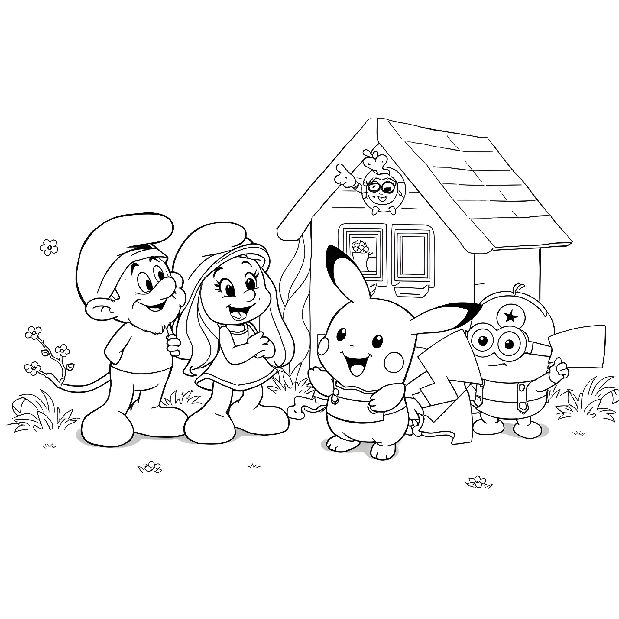 Smurf friends playing happily outside their house Coloring Page (free black-and-white line drawing printable PDF for all, from beginners to advanced learners, including children, teens, adults, and seniors)