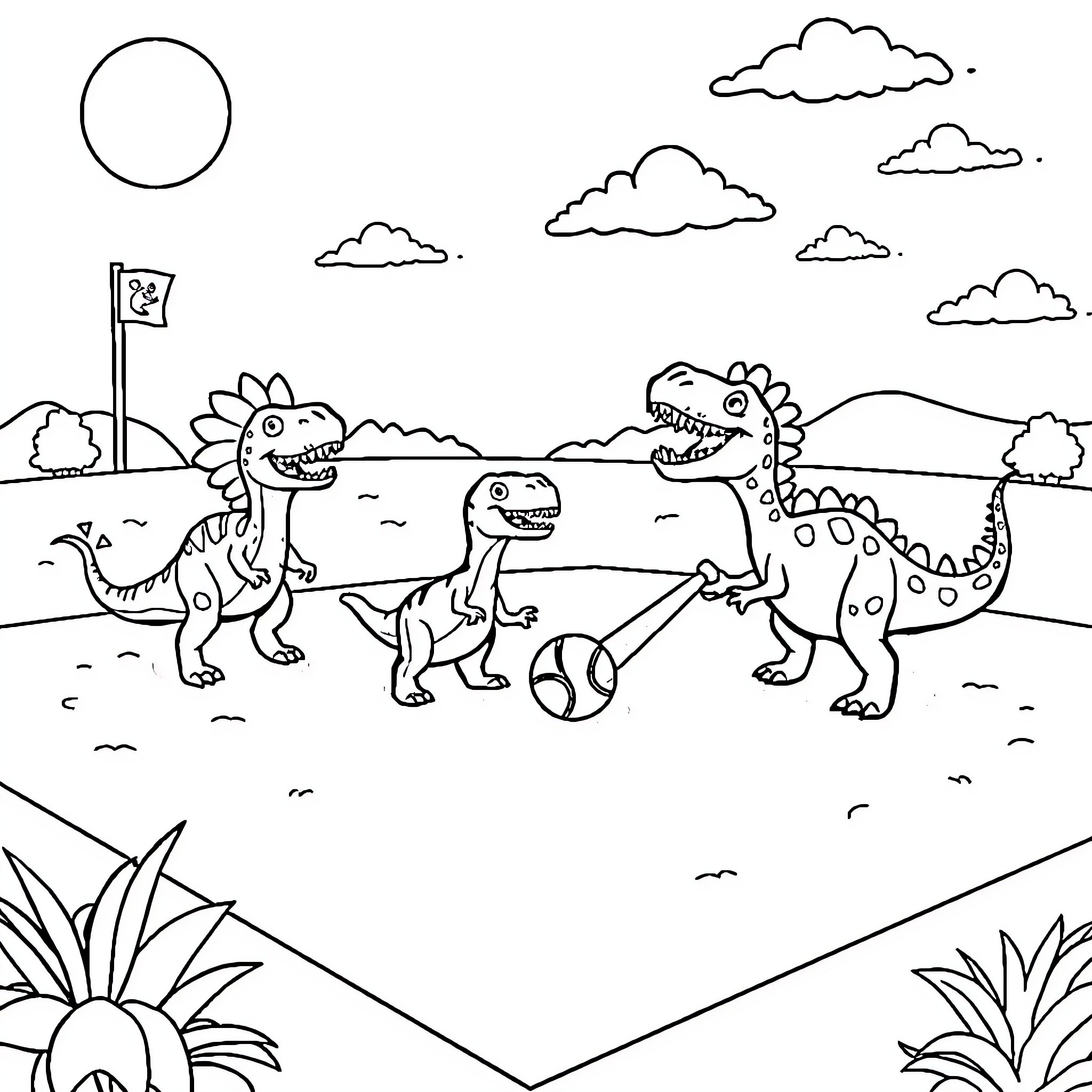 Dinosaurs Playing Soccer in the Park Coloring Page (free black-and-white line drawing printable PDF for all, from beginners to advanced learners, including children, teens, adults, and seniors)