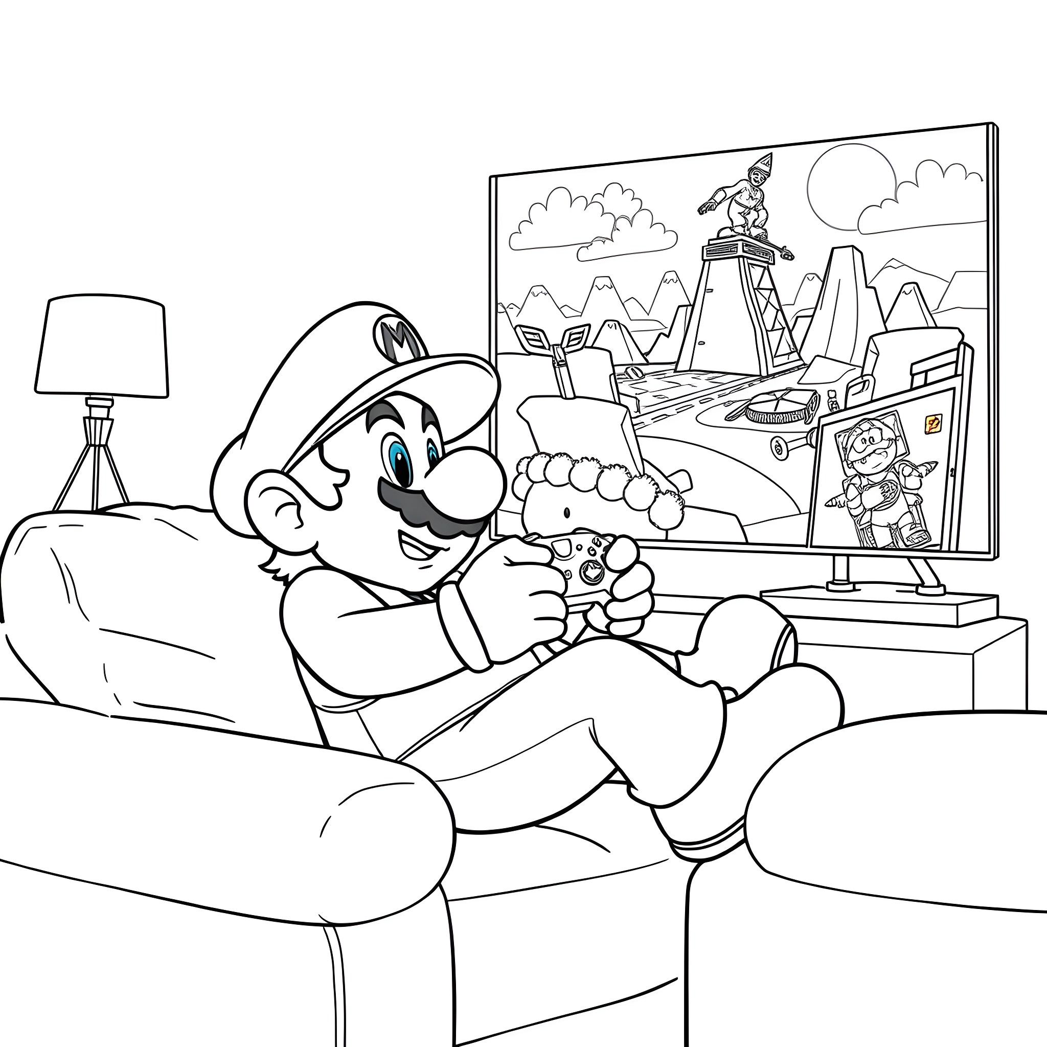 Mario playing video games on his couch Coloring Page (free black-and-white line drawing printable PDF for all, from beginners to advanced learners, including children, teens, adults, and seniors)