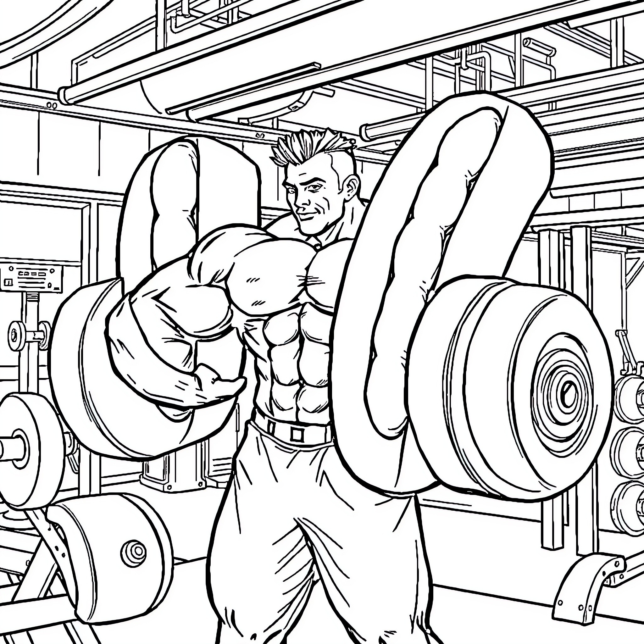 Guy Lifting Weights in Gym Coloring Page (free black-and-white line drawing printable PDF for all, from beginners to advanced learners, including children, teens, adults, and seniors)