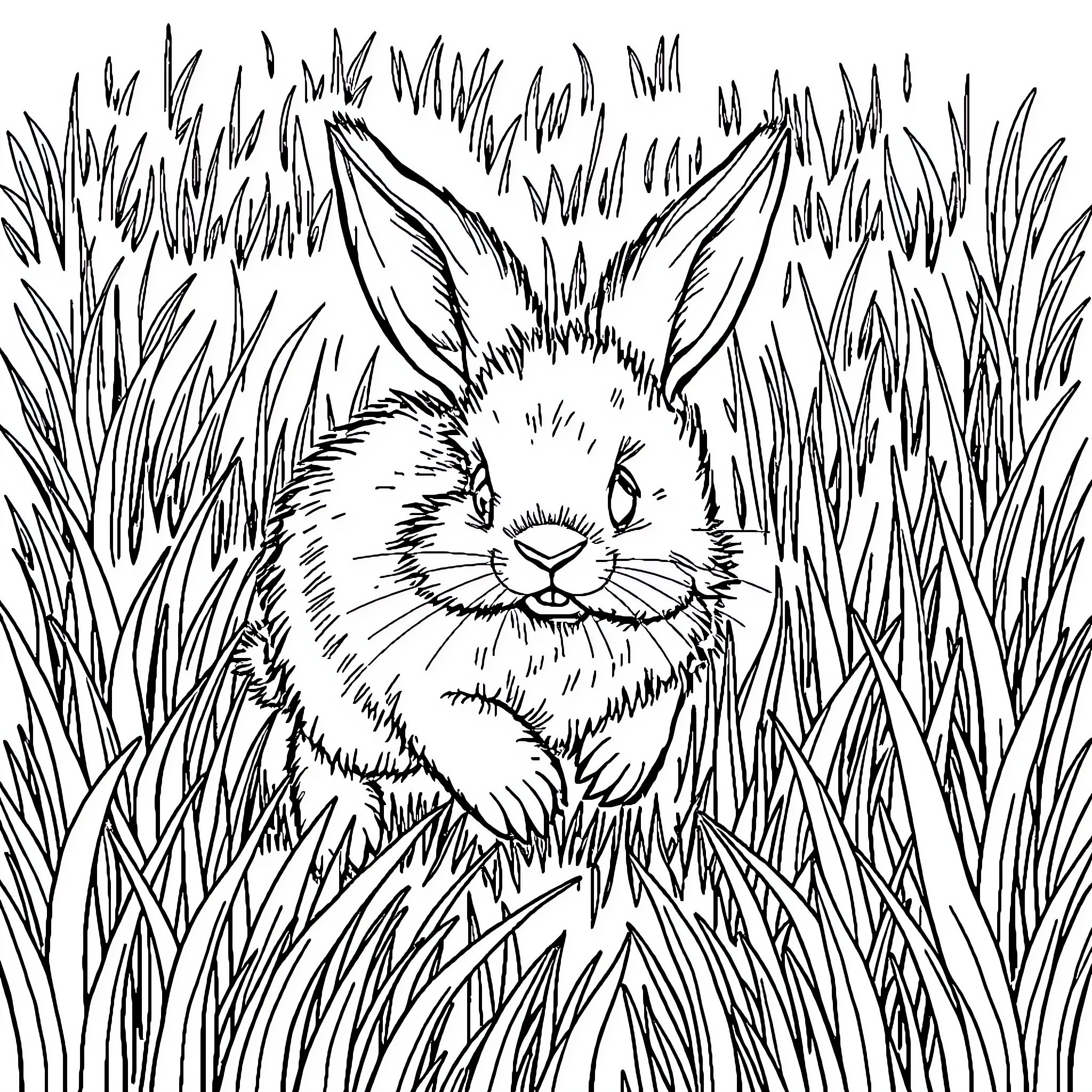 Rabbit hiding in the tall grass Coloring Page (free black-and-white line drawing printable PDF for all, from beginners to advanced learners, including children, teens, adults, and seniors)