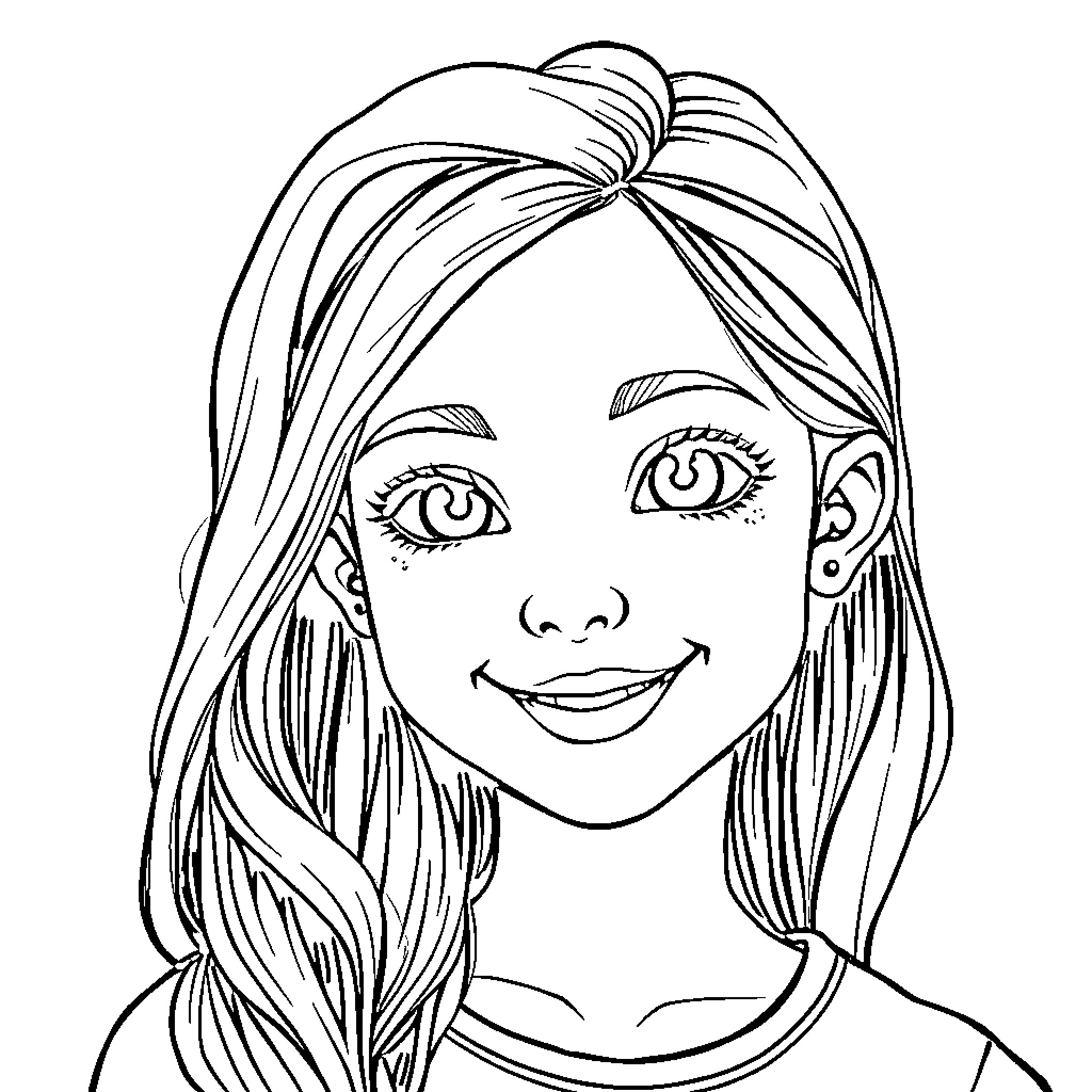 Girl with Cheerful Expression and Long Hair Coloring Page (free black-and-white line drawing printable PDF for all, from beginners to advanced learners, including children, teens, adults, and seniors)