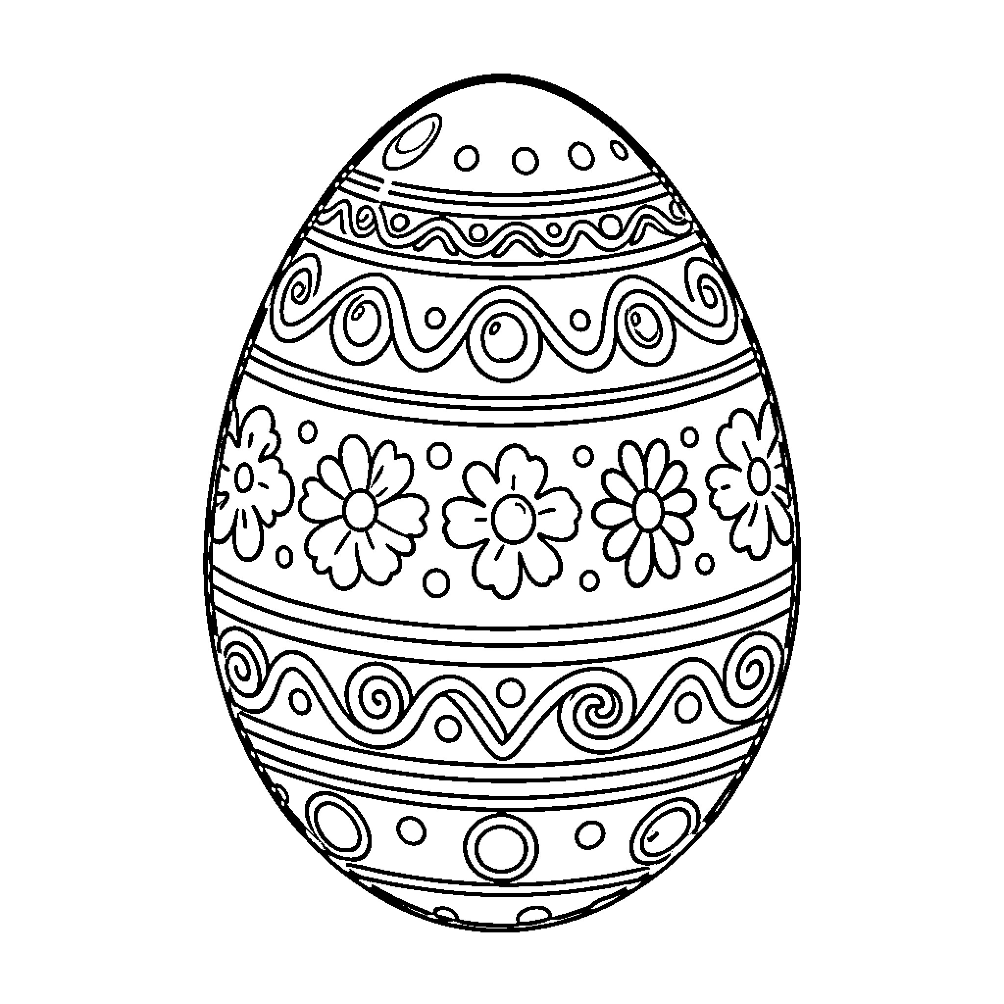Egg decorated with floral and geometric patterns Coloring Page (free black-and-white line drawing printable PDF for all, from beginners to advanced learners, including children, teens, adults, and seniors)