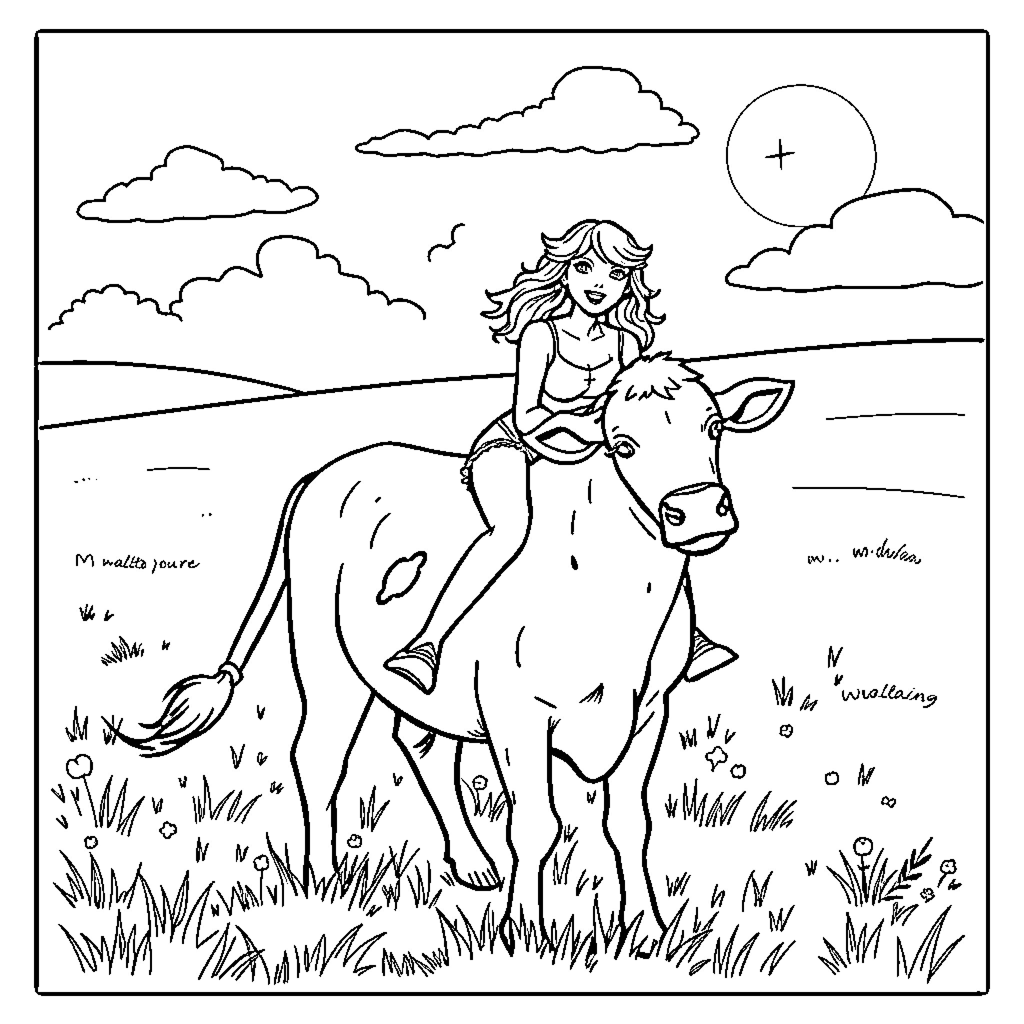 Taylor Swift riding a cow in a countryside landscape Coloring Page (free black-and-white line drawing printable PDF for all, from beginners to advanced learners, including children, teens, adults, and seniors)