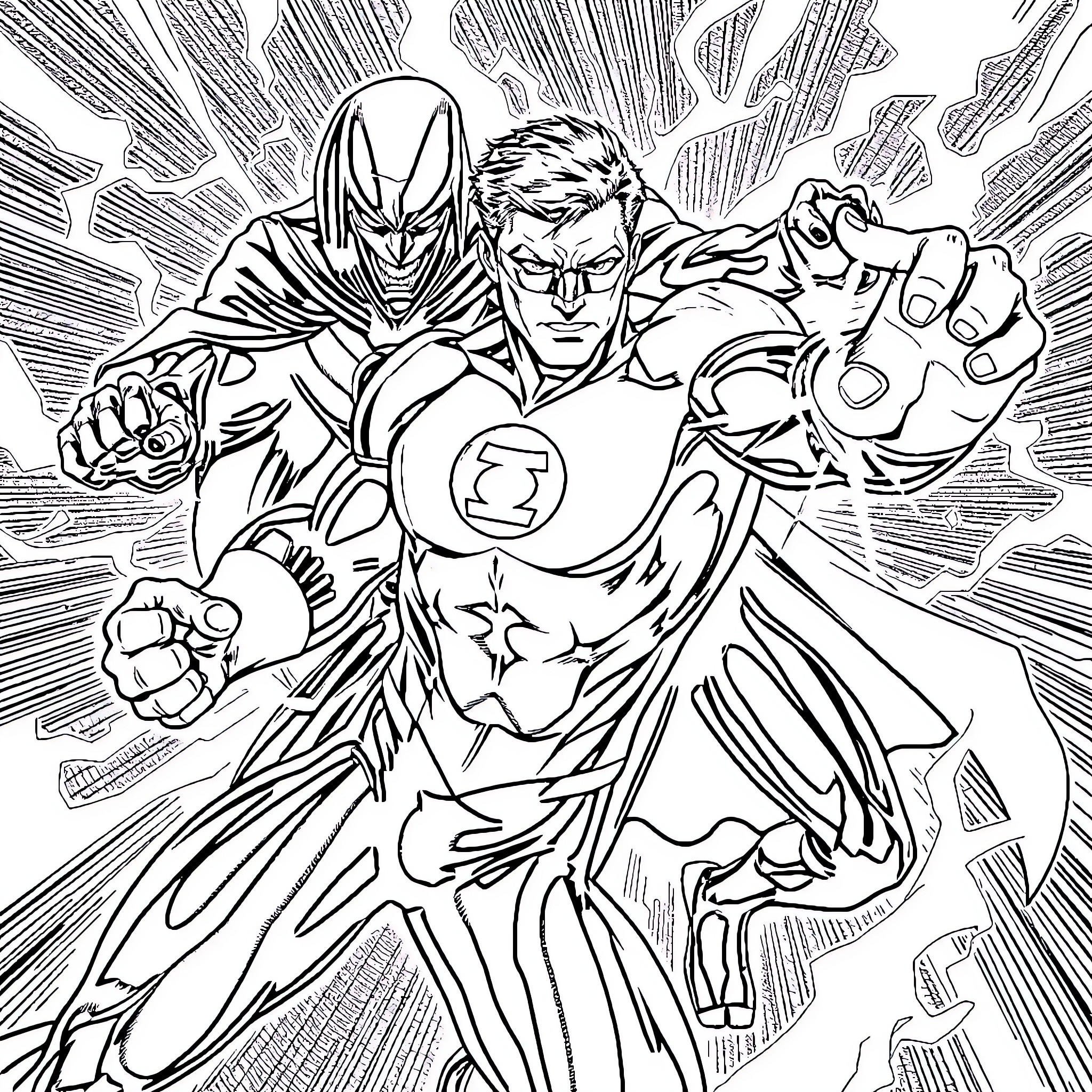 Green Lantern and Green Lantern Corps in action Coloring Page (free black-and-white line drawing printable PDF for all, from beginners to advanced learners, including children, teens, adults, and seniors)