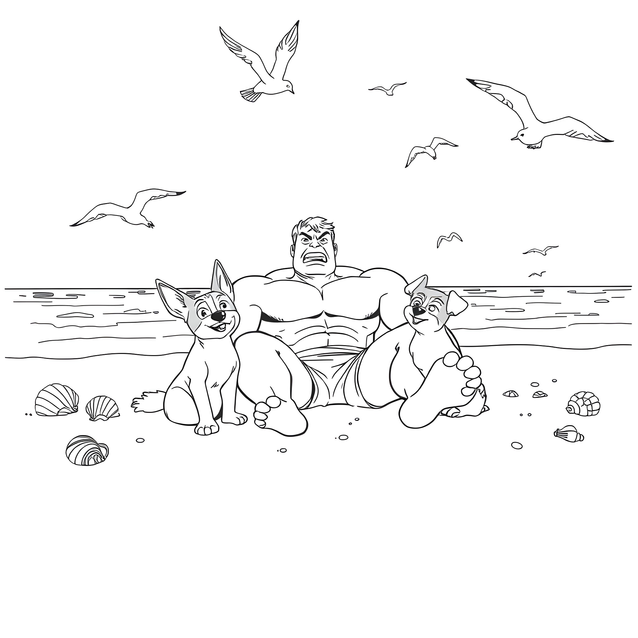 Bluey and friends relaxing on the beach Coloring Page (free black-and-white line drawing printable PDF for all, from beginners to advanced learners, including children, teens, adults, and seniors)