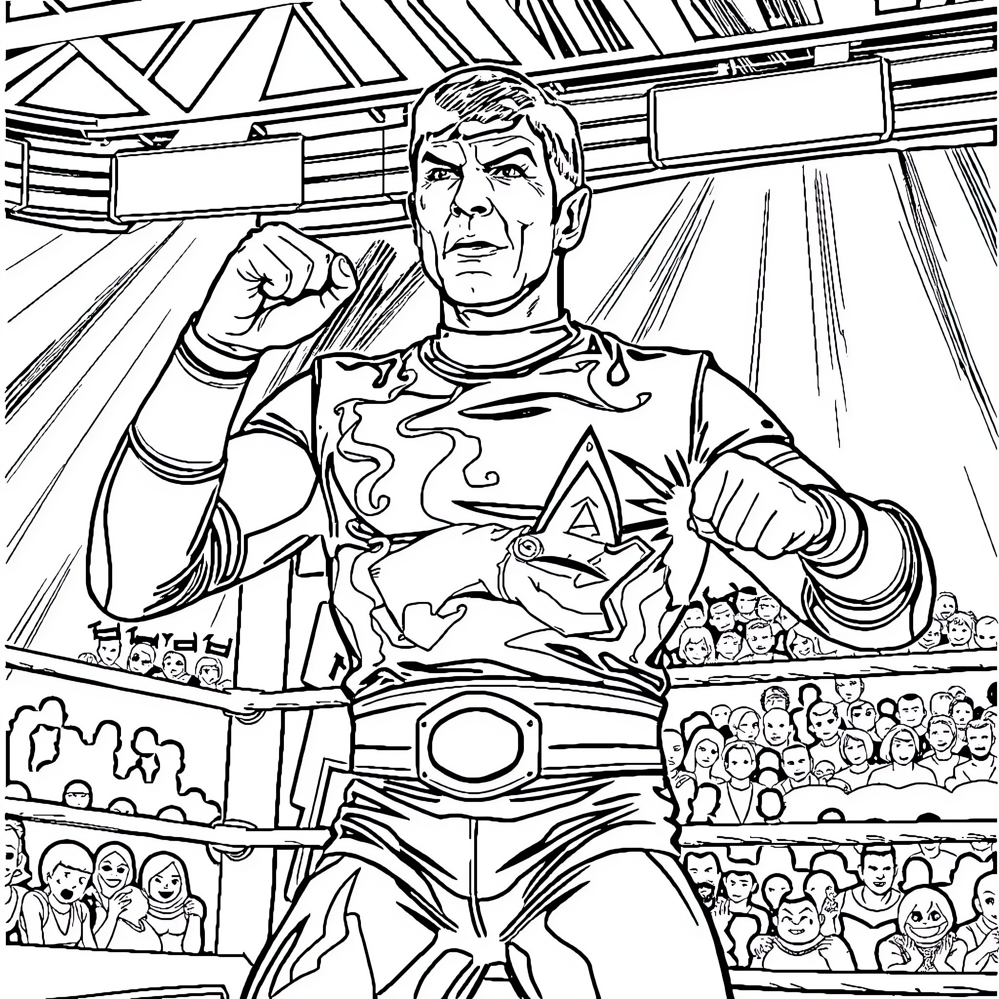Spock the Enterprise Captain Addressing the Crew Coloring Page (free black-and-white line drawing printable PDF for all, from beginners to advanced learners, including children, teens, adults, and seniors)
