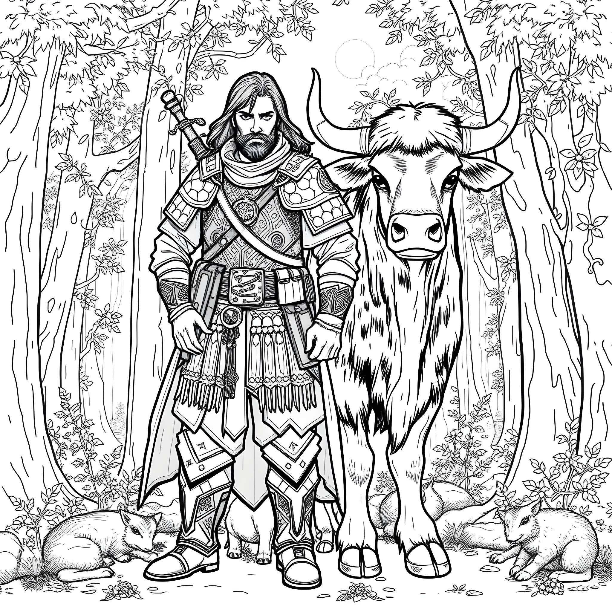 Ranger's Enchanting Forest Encounter Coloring Page (free black-and-white line drawing printable PDF for all, from beginners to advanced learners, including children, teens, adults, and seniors)