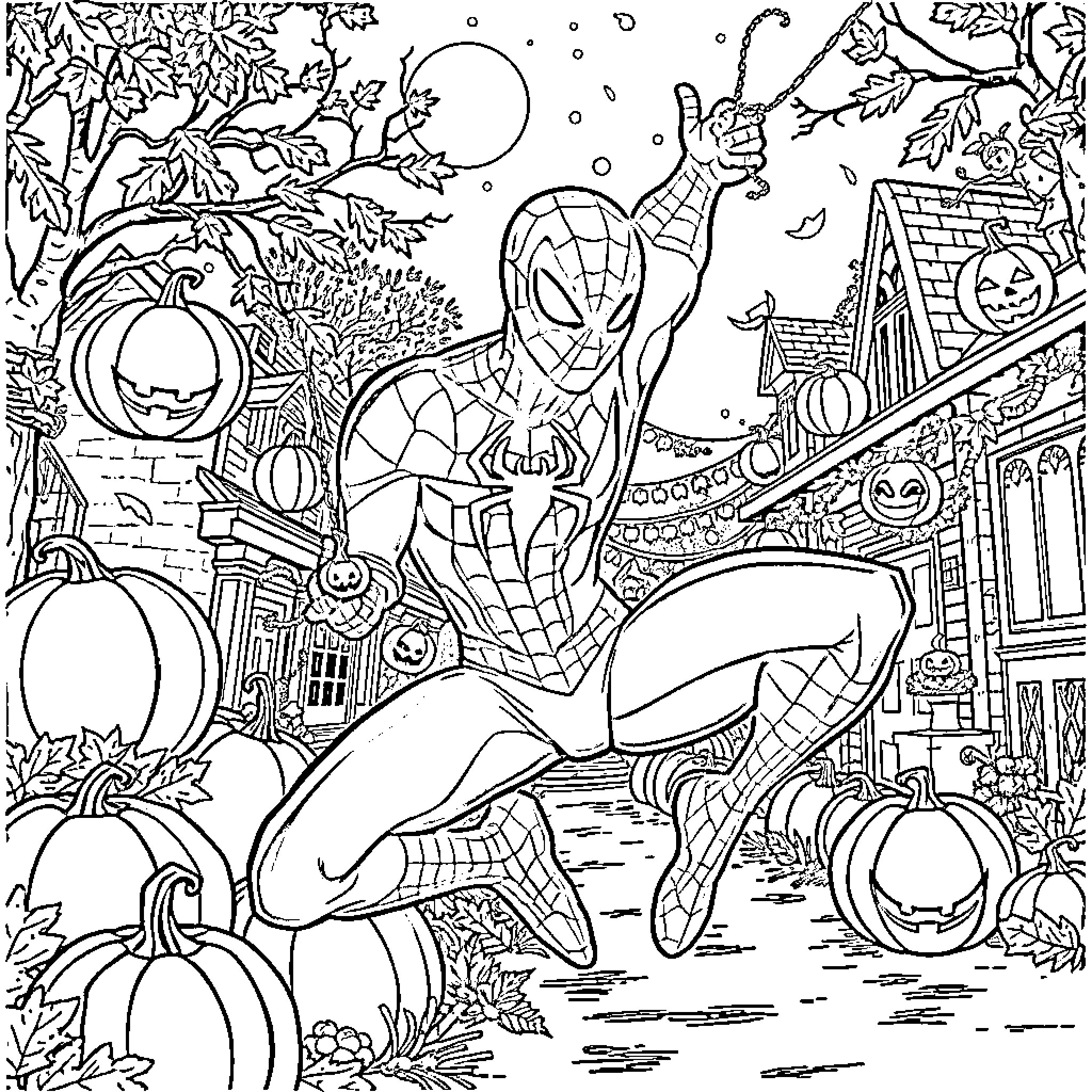 Spiderman swinging through a Halloween-themed scene Coloring Page (free black-and-white line drawing printable PDF for all, from beginners to advanced learners, including children, teens, adults, and seniors)