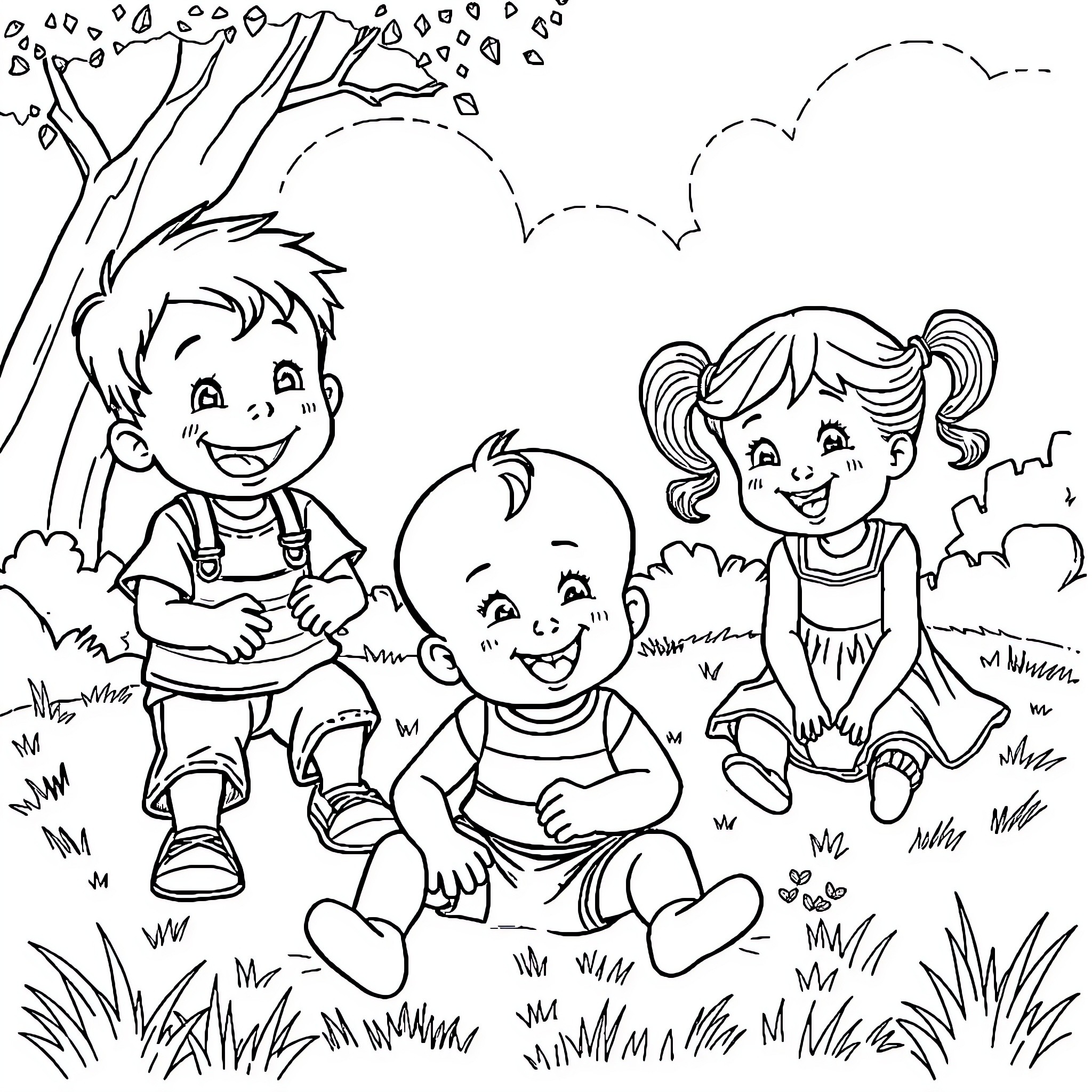 Child friends playing in the park Coloring Page (free black-and-white line drawing printable PDF for all, from beginners to advanced learners, including children, teens, adults, and seniors)