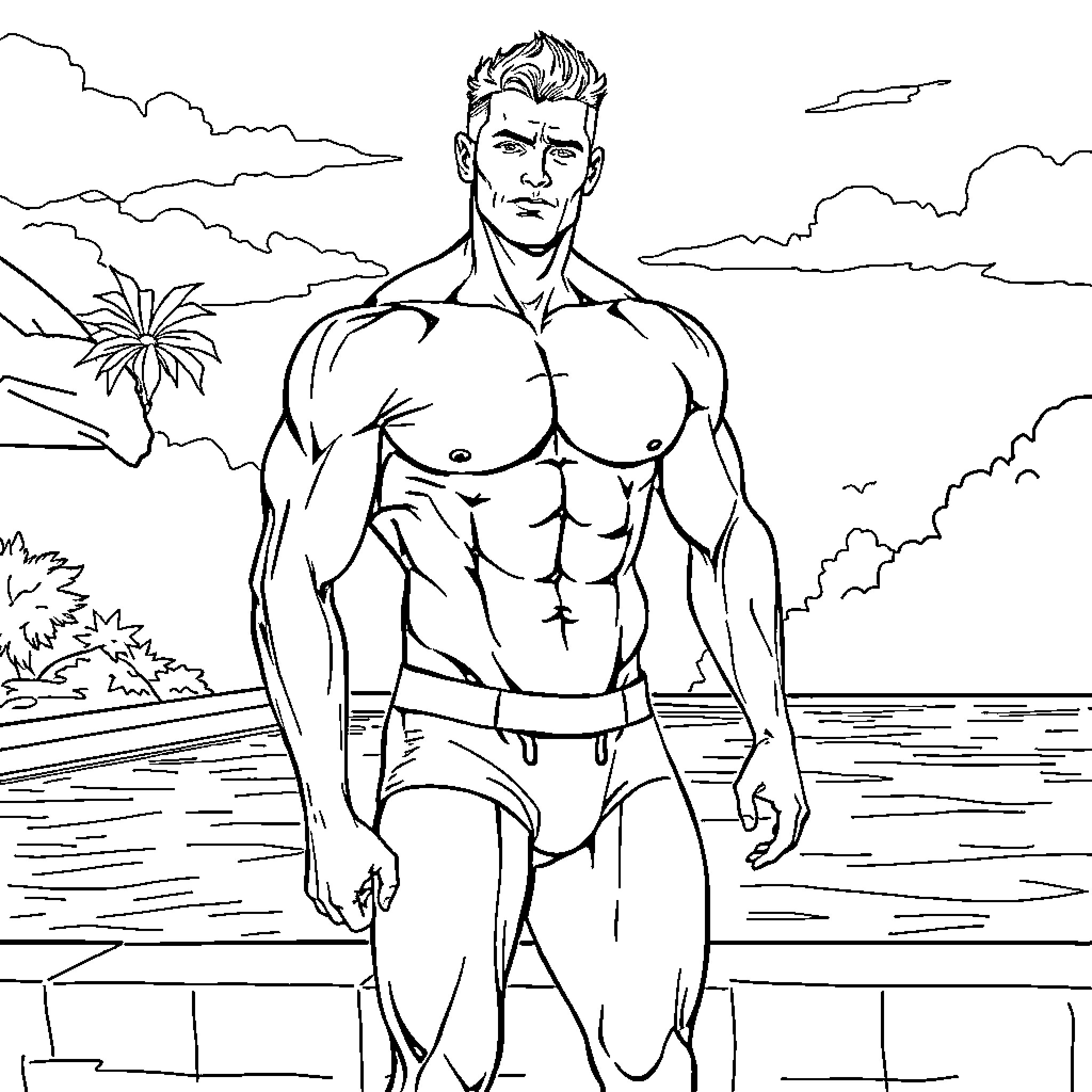 Man standing shirtless on beach with palm trees Coloring Page (free black-and-white line drawing printable PDF for all, from beginners to advanced learners, including children, teens, adults, and seniors)