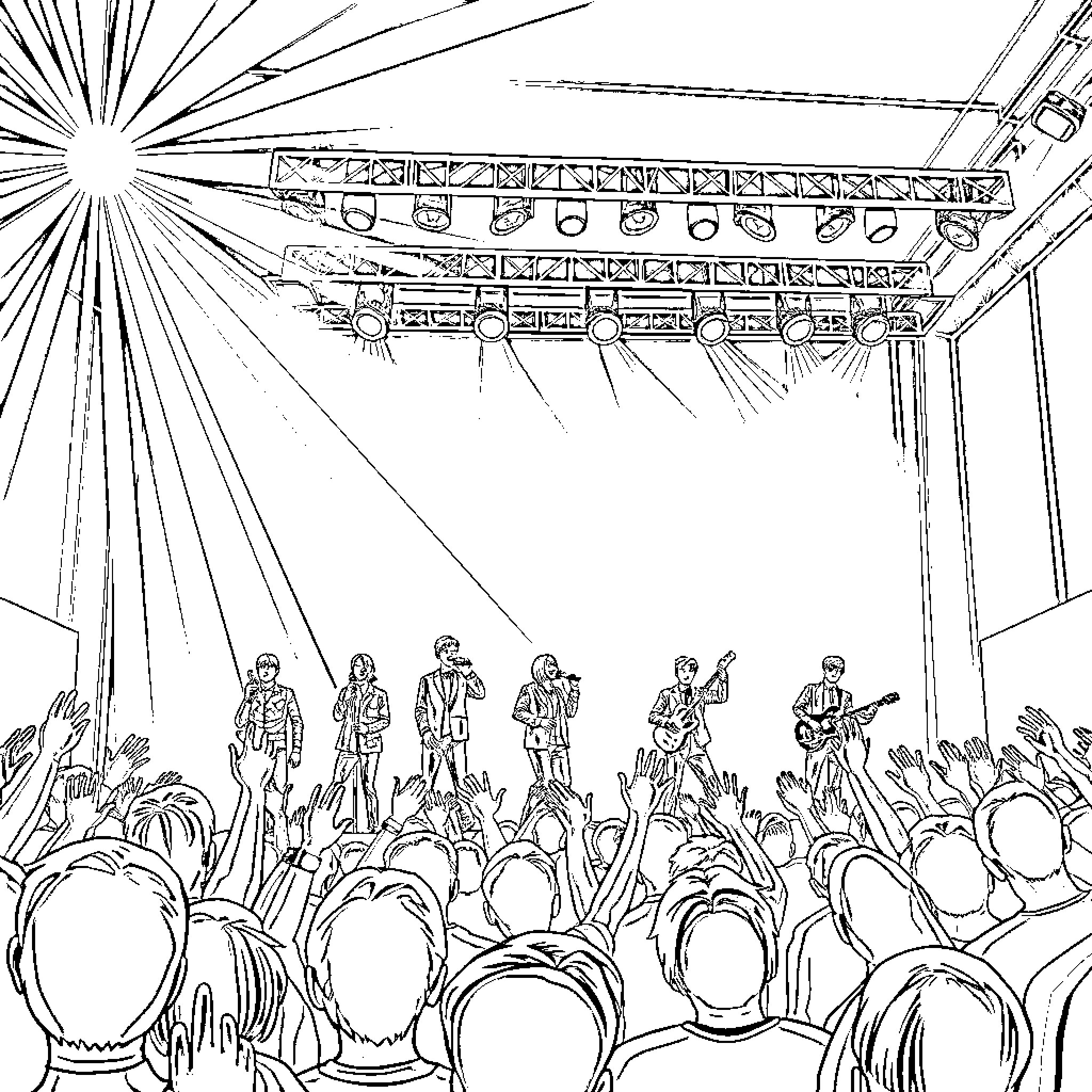 BTS Performing on Stage for Enthusiastic Crowd Coloring Page (free black-and-white line drawing printable PDF for all, from beginners to advanced learners, including children, teens, adults, and seniors)