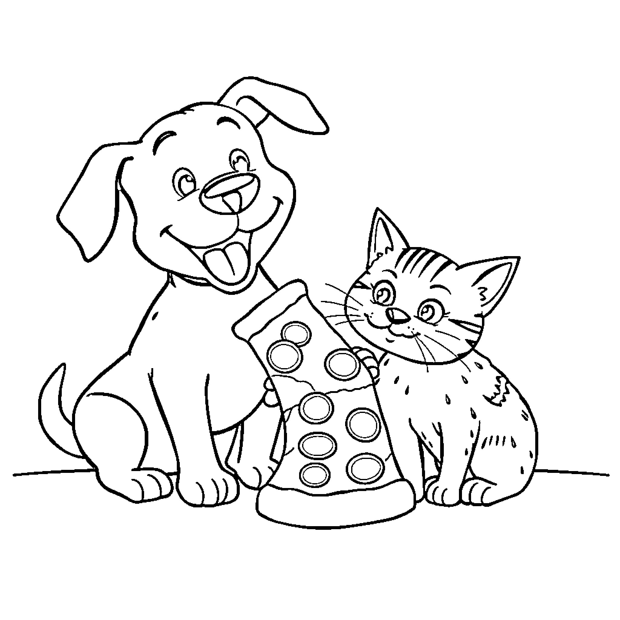 Dog and Cat Playing Together Coloring Page (free black-and-white line drawing printable PDF for all, from beginners to advanced learners, including children, teens, adults, and seniors)
