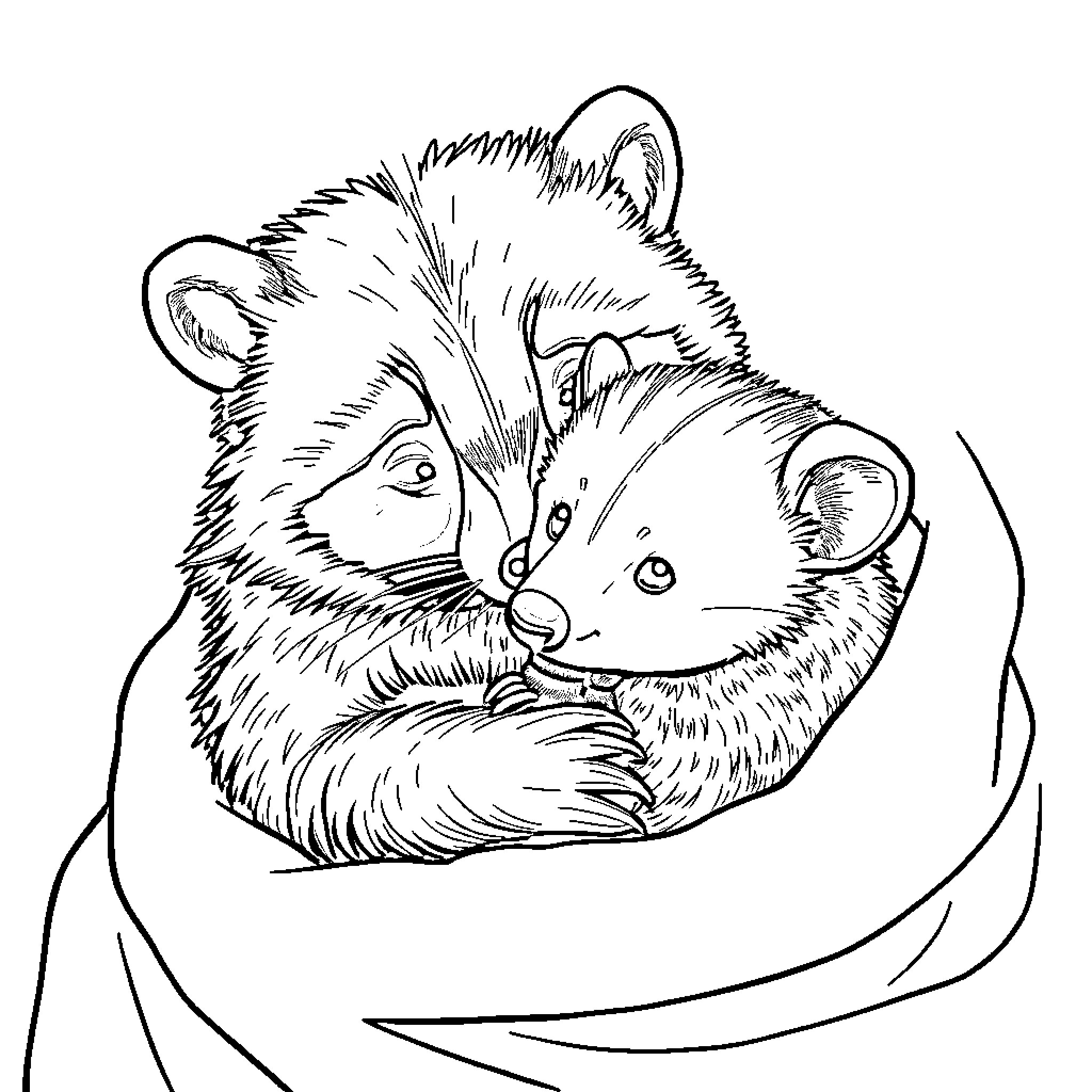 Raccoon snuggled in a blanket Coloring Page (free black-and-white line drawing printable PDF for all, from beginners to advanced learners, including children, teens, adults, and seniors)