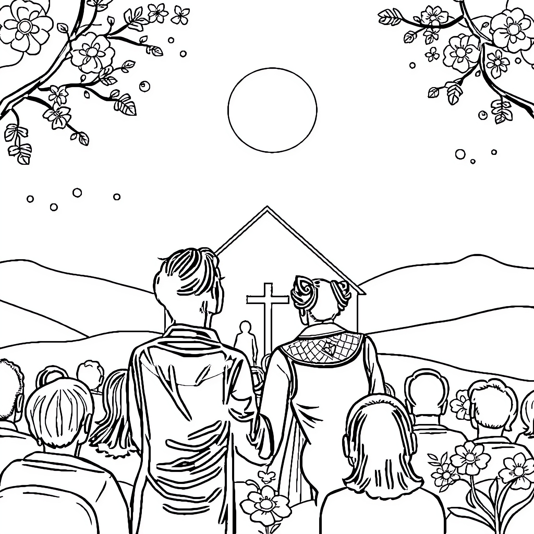 Church gathering under the moonlight Coloring Page (free black-and-white line drawing printable PDF for all, from beginners to advanced learners, including children, teens, adults, and seniors)