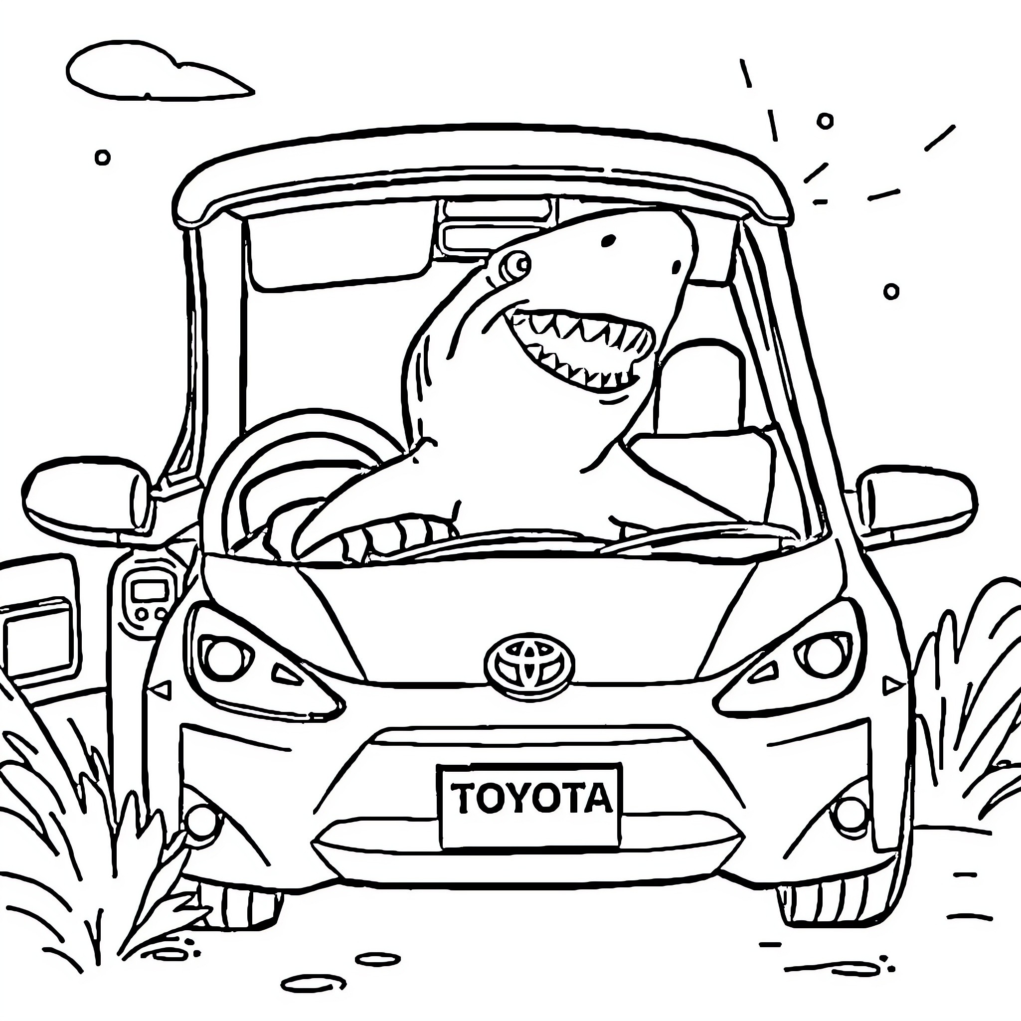 Shark driving a Toyota car with enthusiasm Coloring Page (free black-and-white line drawing printable PDF for all, from beginners to advanced learners, including children, teens, adults, and seniors)