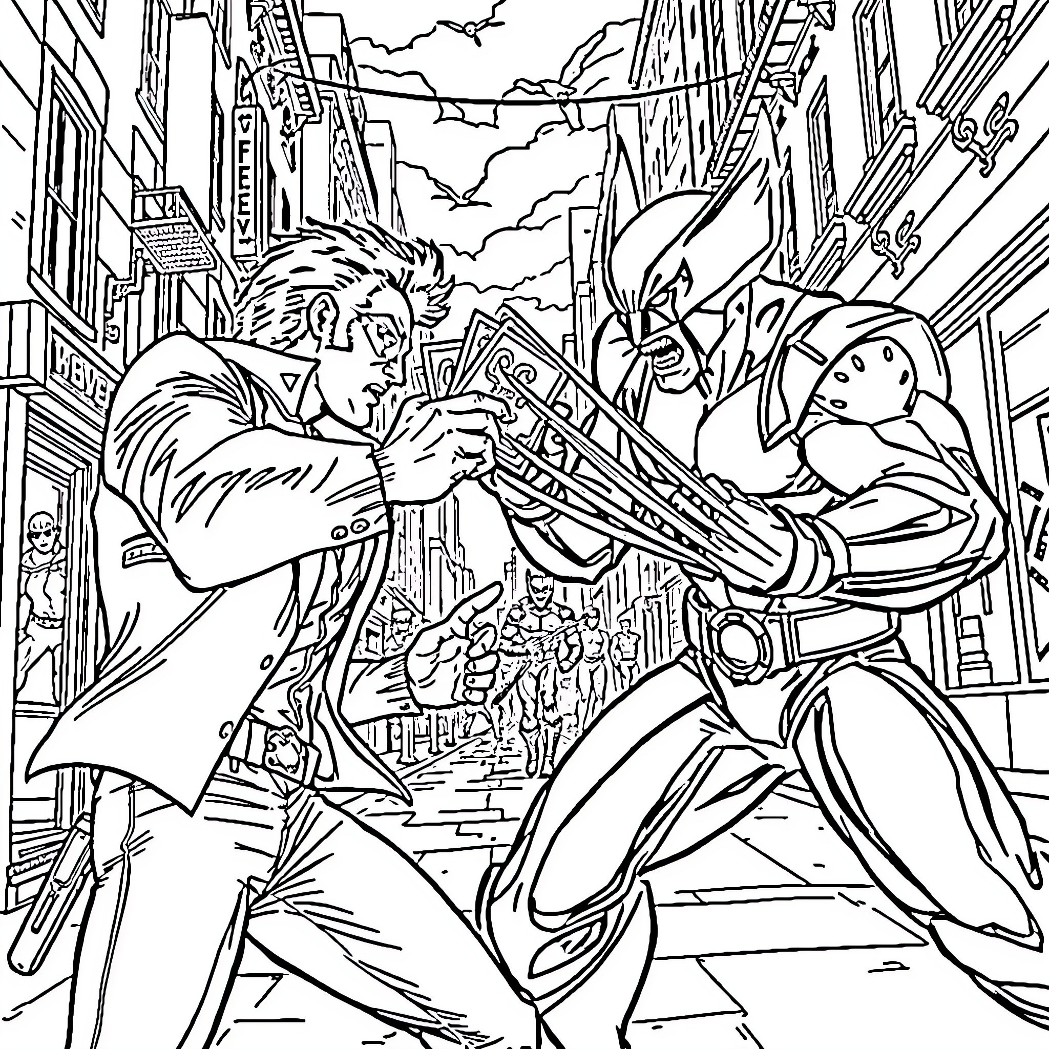 Gambit: Superheroes Clash in Dazzling Cityscape Coloring Page (free black-and-white line drawing printable PDF for all, from beginners to advanced learners, including children, teens, adults, and seniors)
