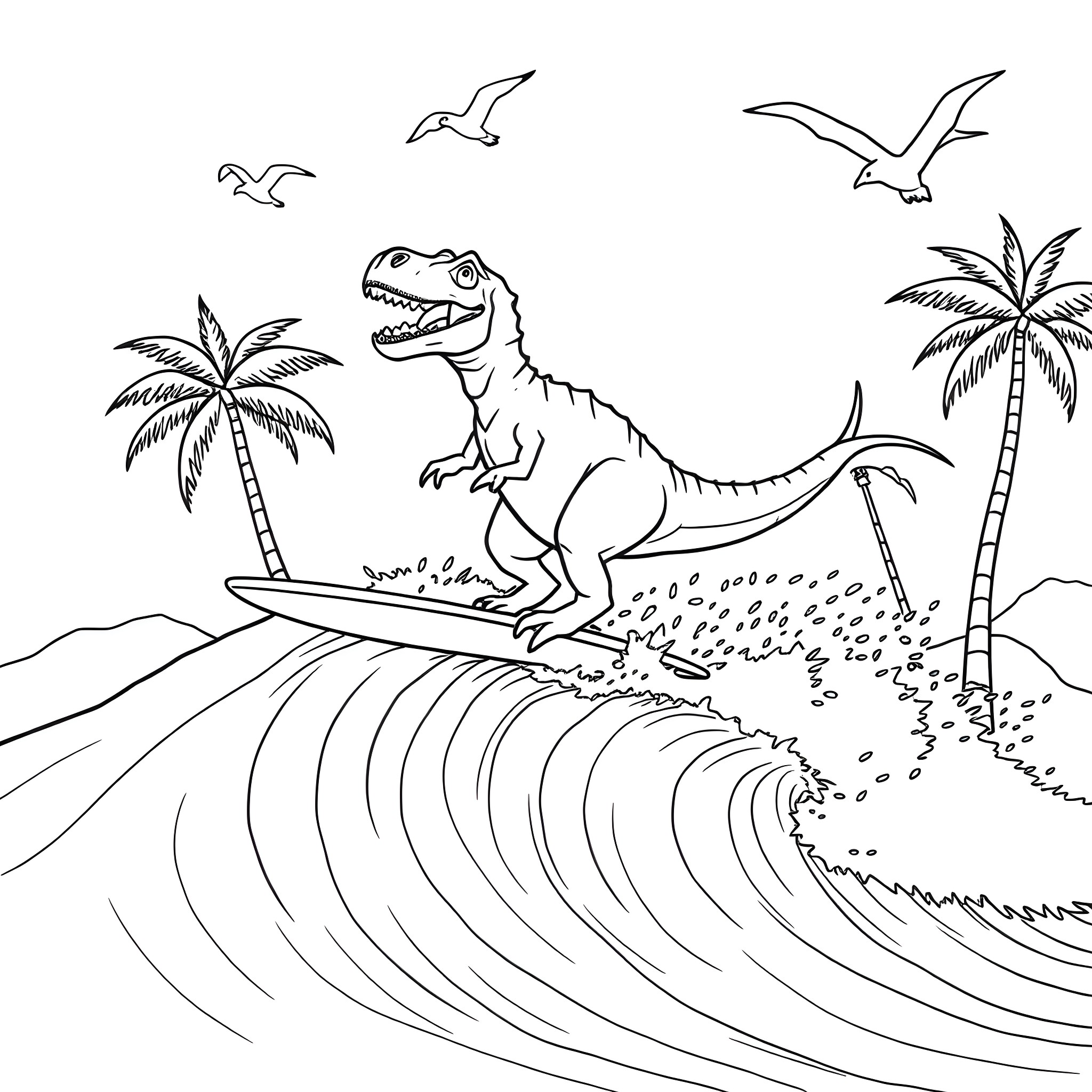 Dinosaur surfing on a wave with palm trees Coloring Page (free black-and-white line drawing printable PDF for all, from beginners to advanced learners, including children, teens, adults, and seniors)