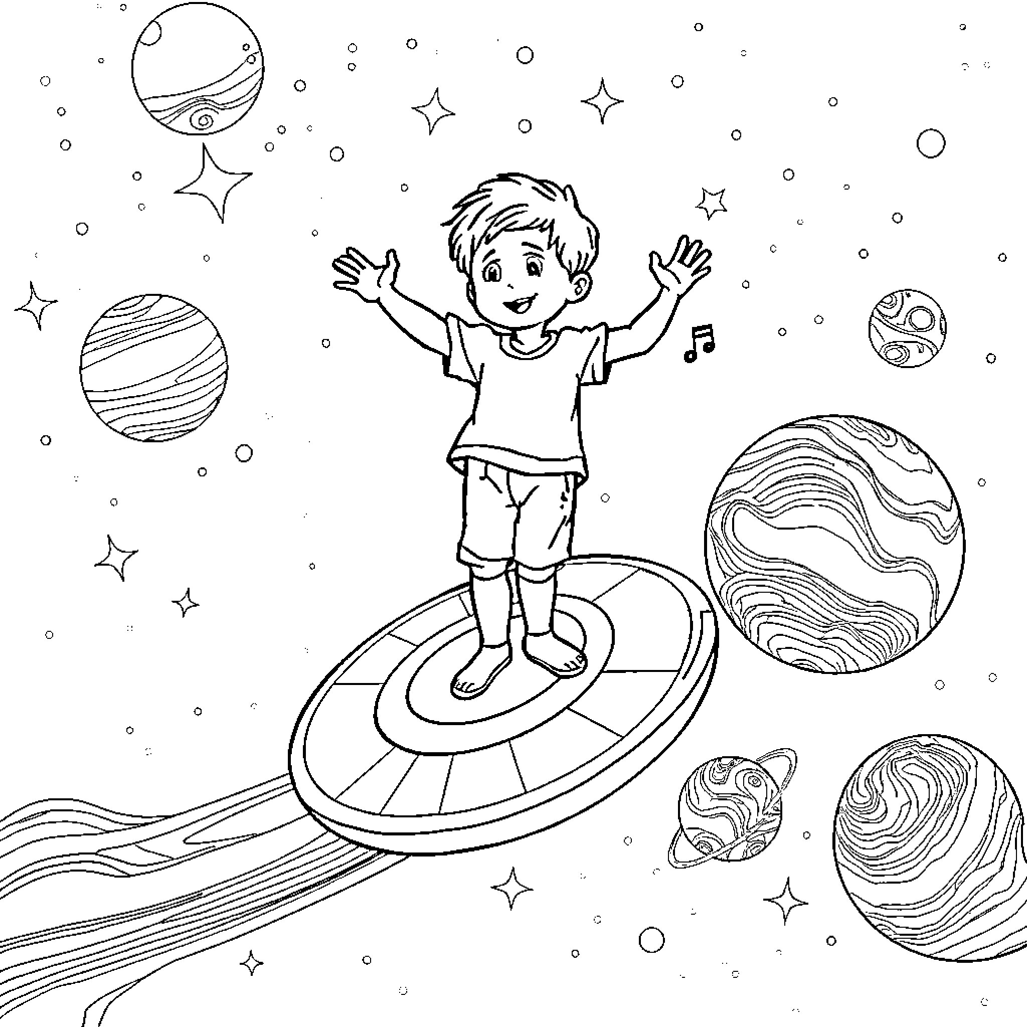 Boy exploring the wonders of the cosmos Coloring Page (free black-and-white line drawing printable PDF for all, from beginners to advanced learners, including children, teens, adults, and seniors)
