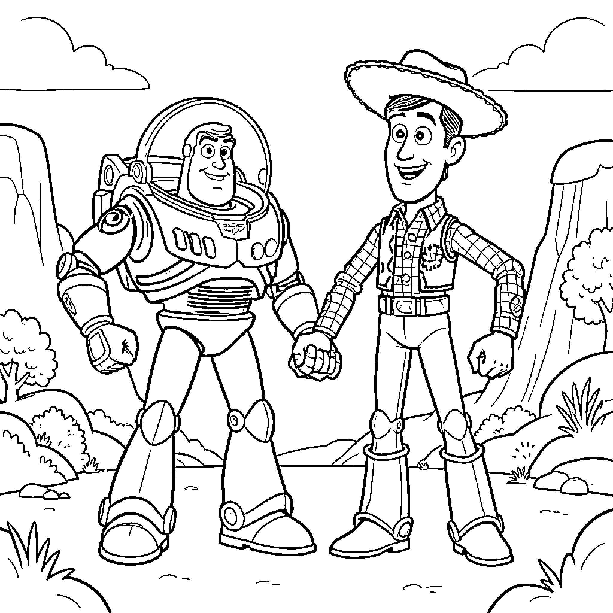 Buzz Lightyear holding hands with Woody in a landscape Coloring Page (free black-and-white line drawing printable PDF for all, from beginners to advanced learners, including children, teens, adults, and seniors)