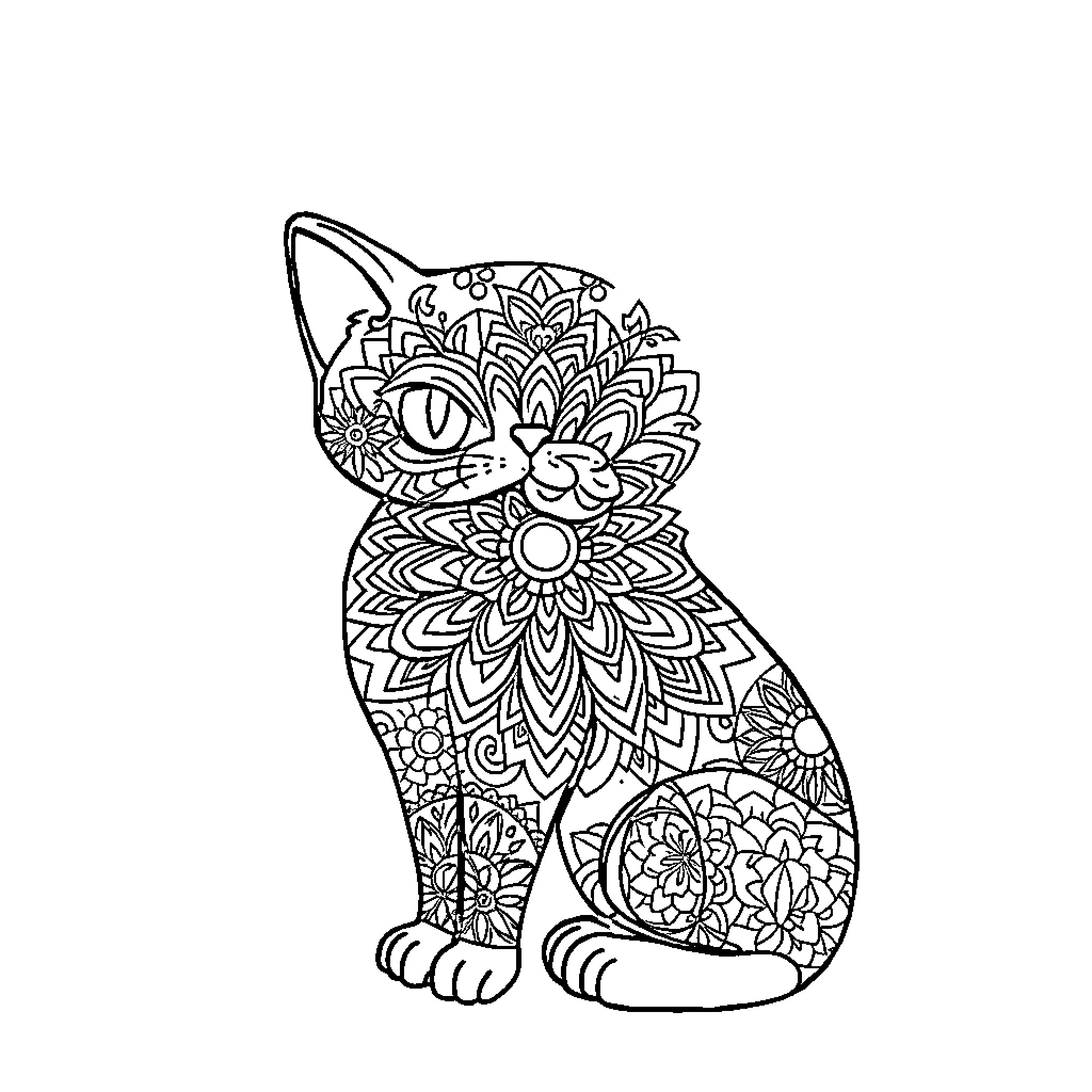 Cat with ornate floral patterns Coloring Page (free black-and-white line drawing printable PDF for all, from beginners to advanced learners, including children, teens, adults, and seniors)