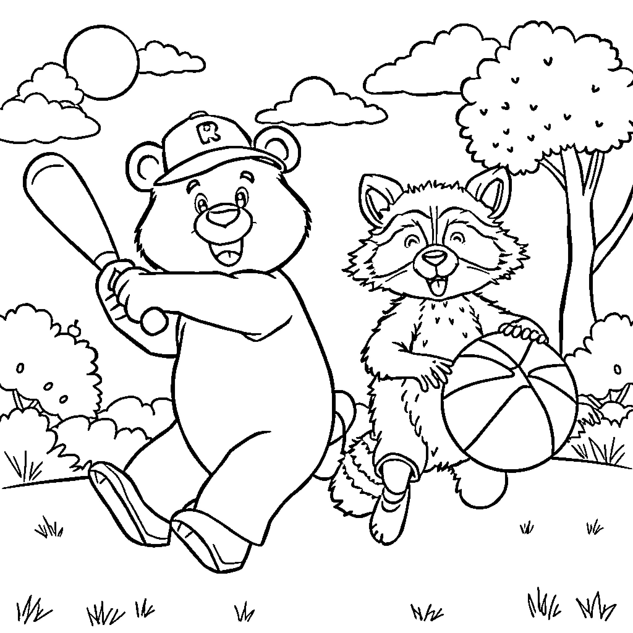 Bear and Raccoon playing in the Park Coloring Page (free black-and-white line drawing printable PDF for all, from beginners to advanced learners, including children, teens, adults, and seniors)