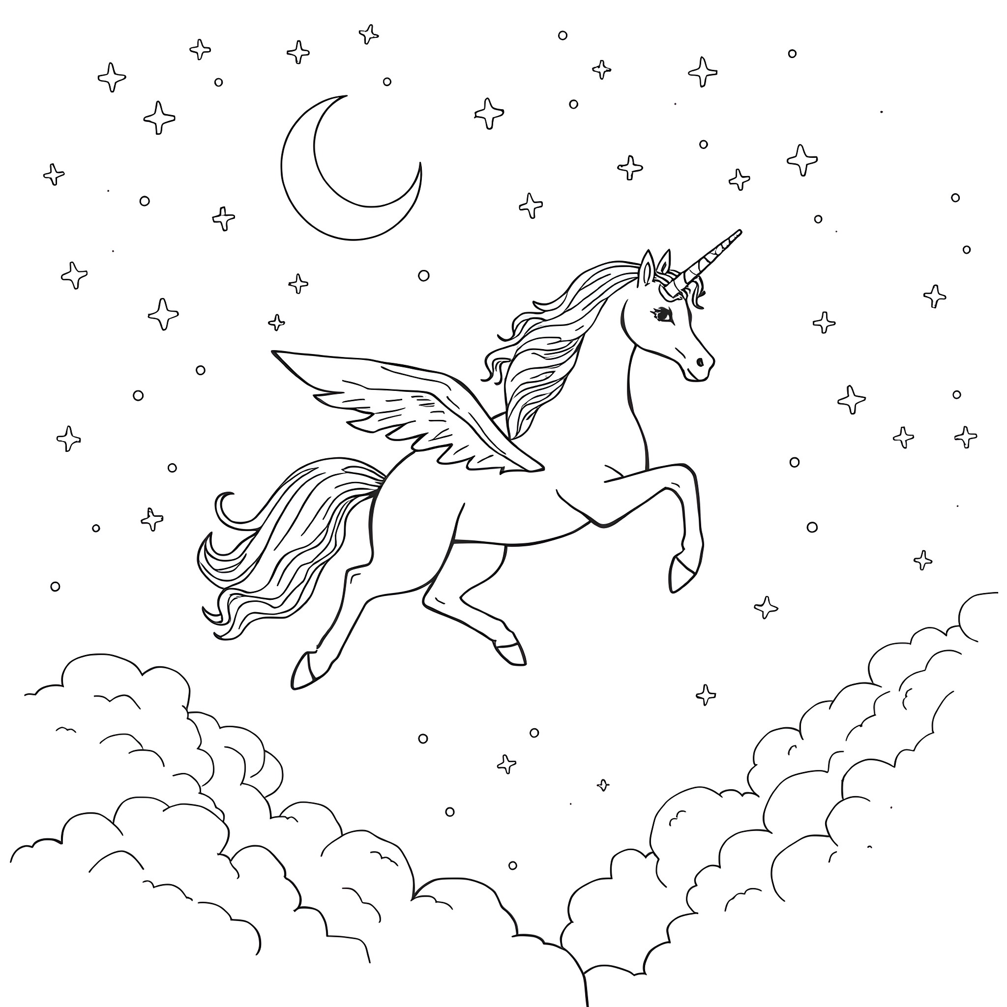 Unicorn soaring through the starry night sky Coloring Page (free black-and-white line drawing printable PDF for all, from beginners to advanced learners, including children, teens, adults, and seniors)