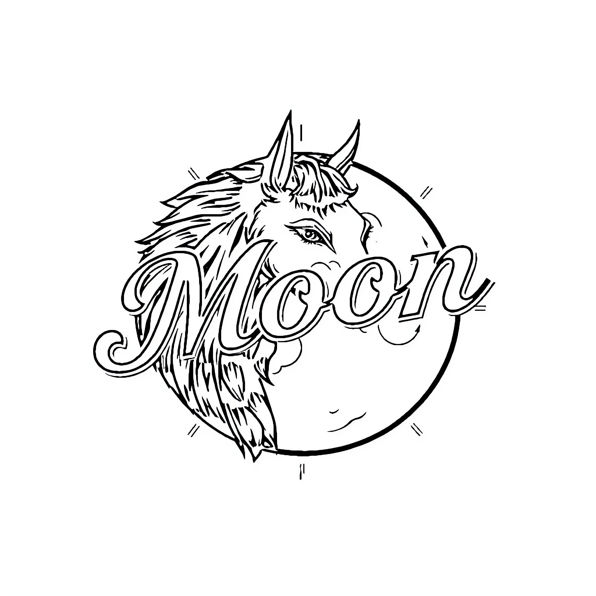 Moon Unicorn illustration in black and white Coloring Page (free black-and-white line drawing printable PDF for all, from beginners to advanced learners, including children, teens, adults, and seniors)