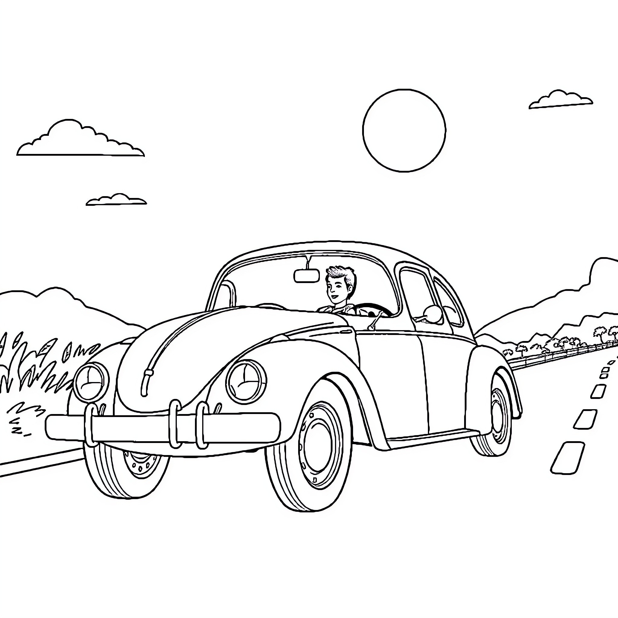 Chalino Sánchez driving classic car on rural road Coloring Page (free black-and-white line drawing printable PDF for all, from beginners to advanced learners, including children, teens, adults, and seniors)