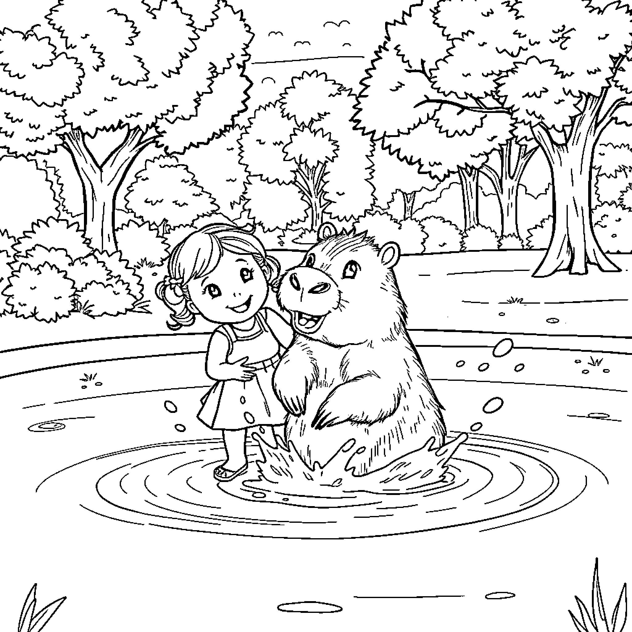 Capybara and child playing in the forest pond Coloring Page (free black-and-white line drawing printable PDF for all, from beginners to advanced learners, including children, teens, adults, and seniors)