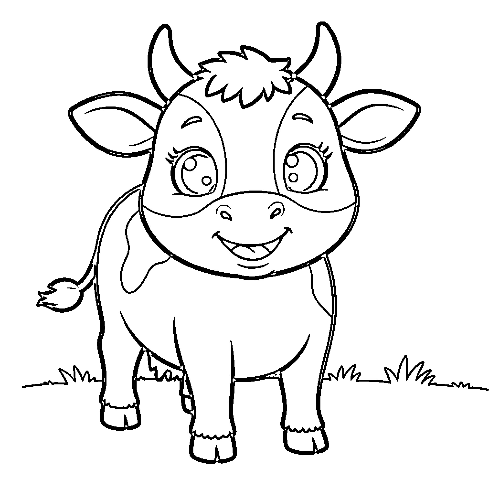 Cow with a happy expression Coloring Page (free black-and-white line drawing printable PDF for all, from beginners to advanced learners, including children, teens, adults, and seniors)