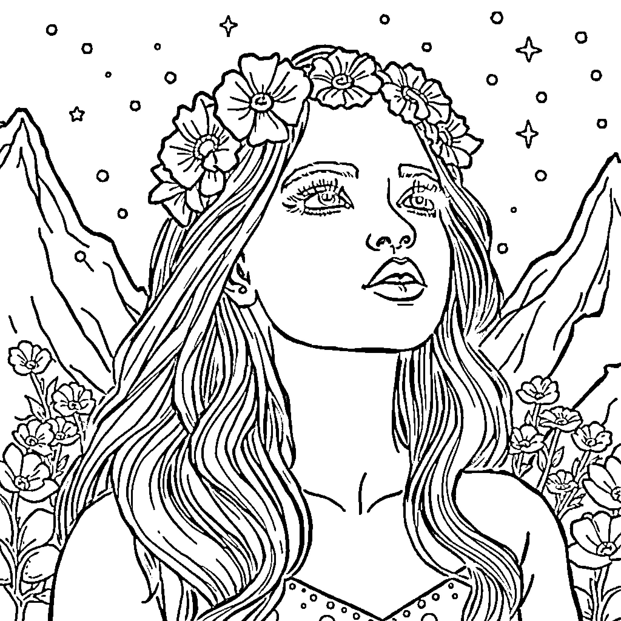 Self-Expression through Floral Adornment Coloring Page (free black-and-white line drawing printable PDF for all, from beginners to advanced learners, including children, teens, adults, and seniors)