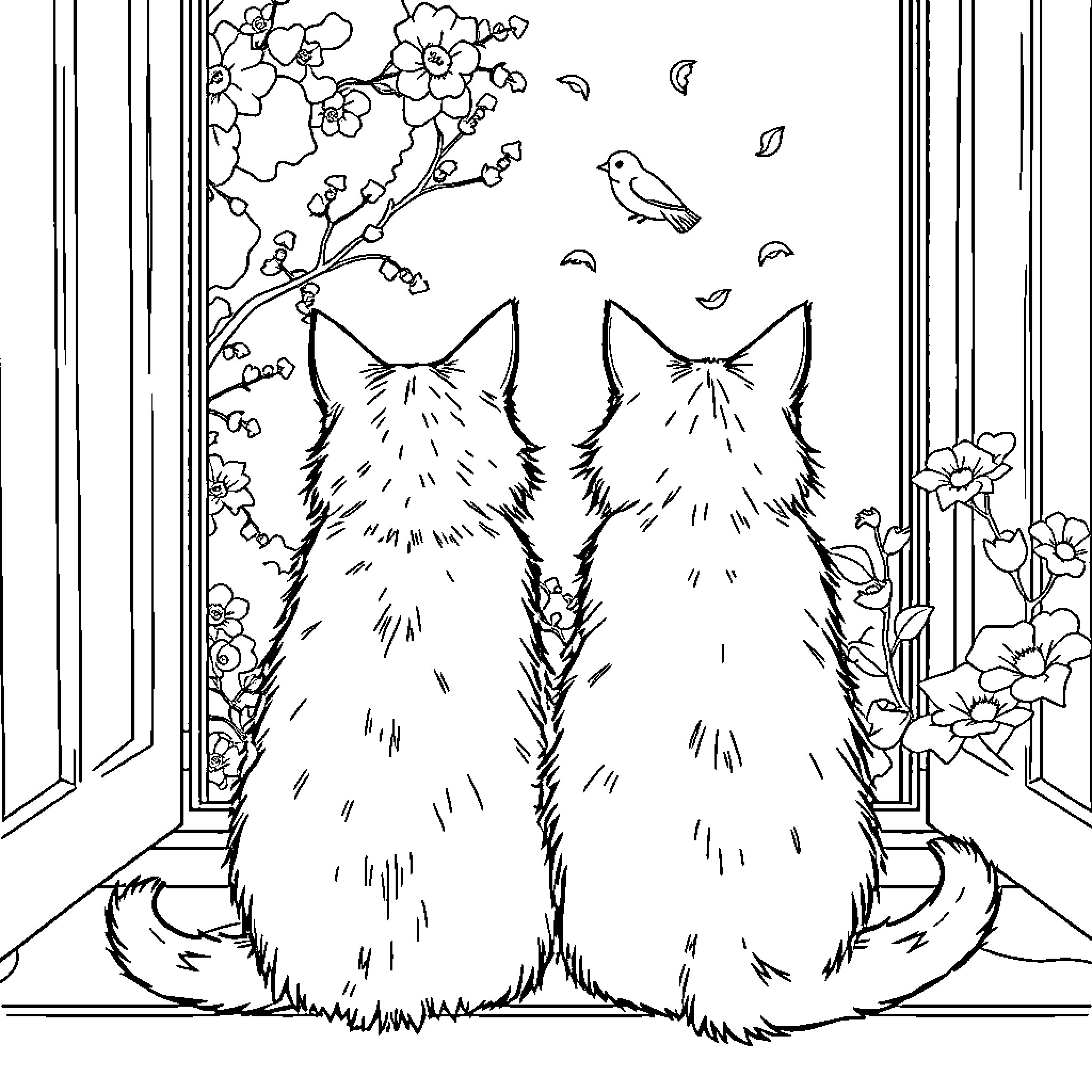 Cat companions admiring spring blossoms Coloring Page (free black-and-white line drawing printable PDF for all, from beginners to advanced learners, including children, teens, adults, and seniors)