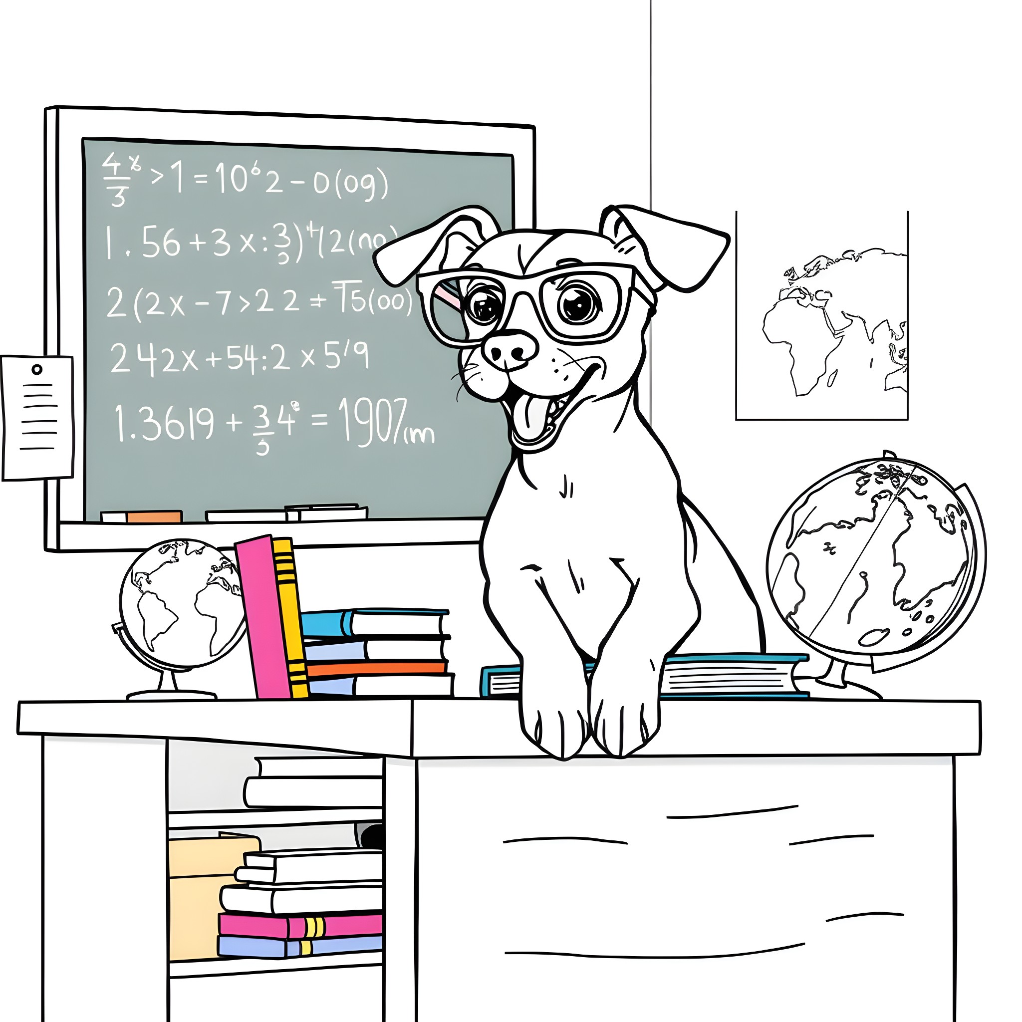 Dog sitting in the classroom with math equations Coloring Page (free black-and-white line drawing printable PDF for all, from beginners to advanced learners, including children, teens, adults, and seniors)