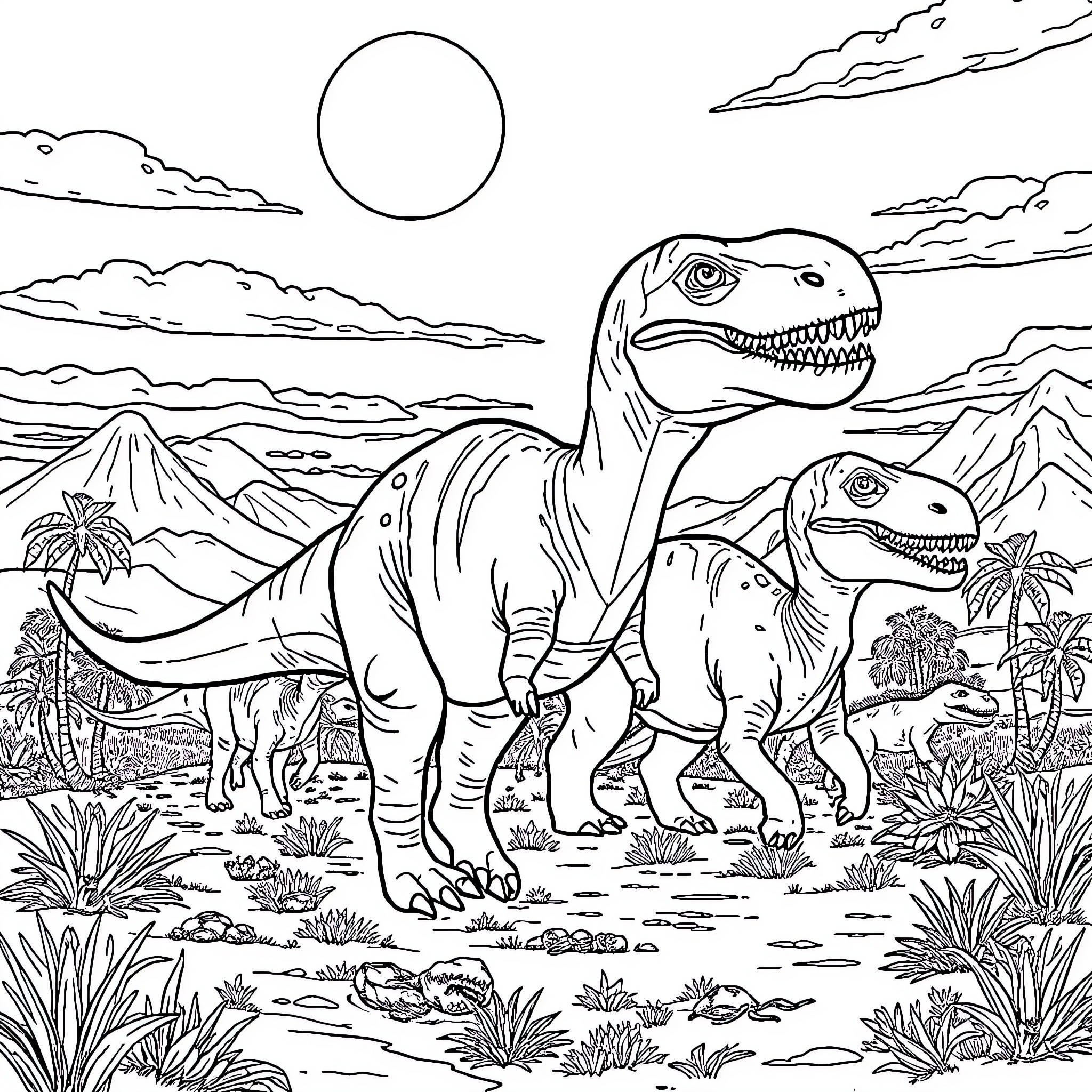 Dinosaurs roaming the prehistoric landscape Coloring Page (free black-and-white line drawing printable PDF for all, from beginners to advanced learners, including children, teens, adults, and seniors)