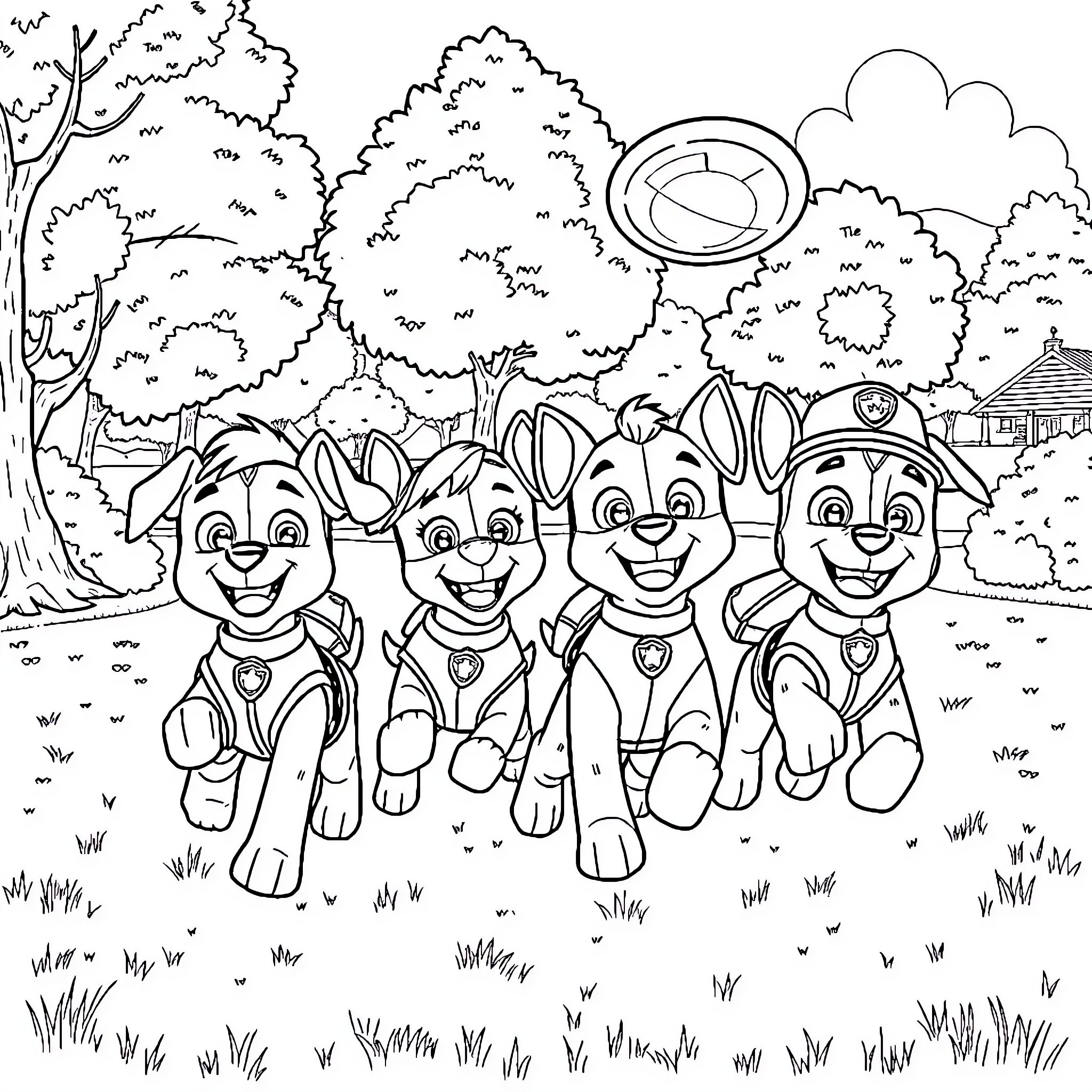 Paw Patrol characters playing happily in the park Coloring Page (free black-and-white line drawing printable PDF for all, from beginners to advanced learners, including children, teens, adults, and seniors)