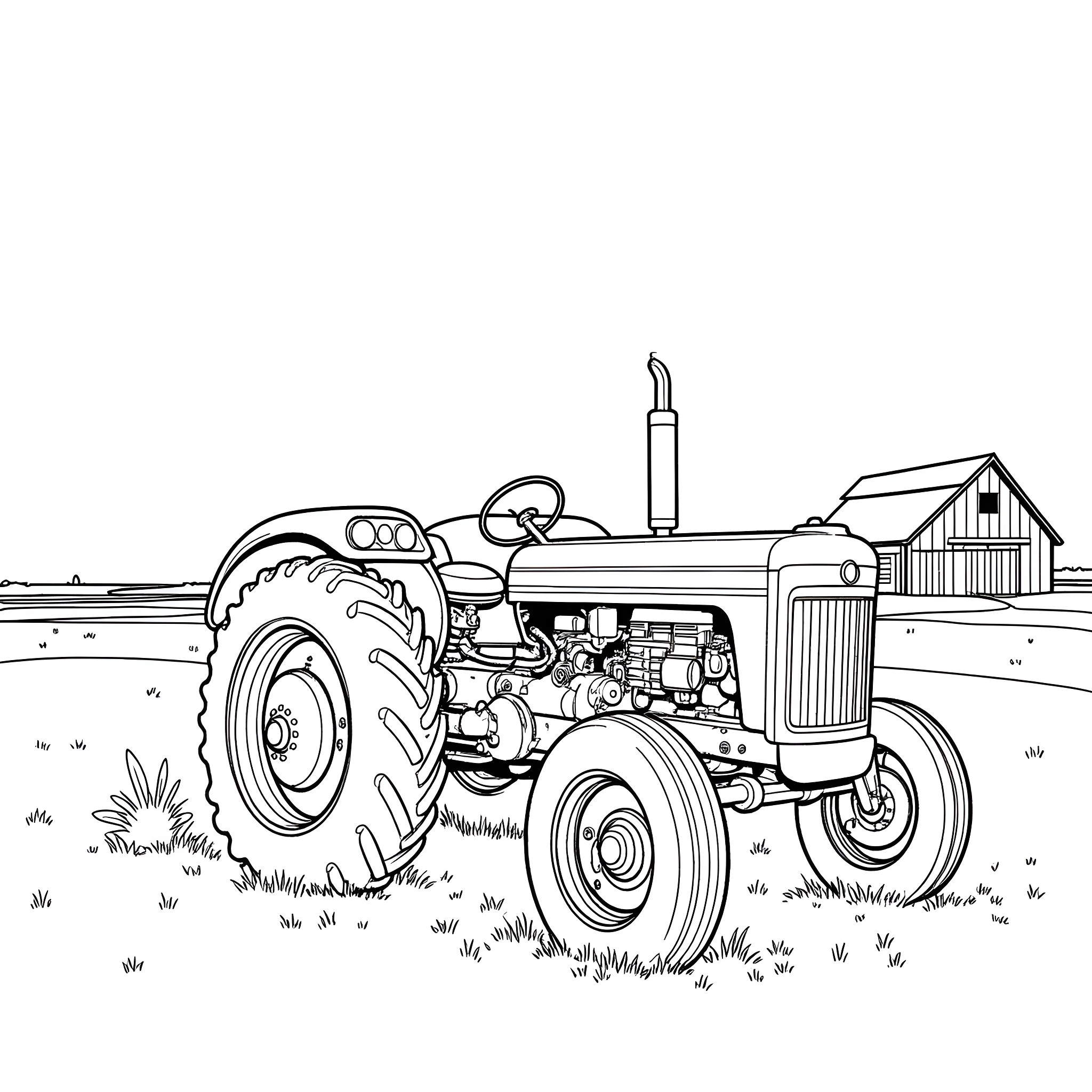Tractor working in the countryside field Coloring Page (free black-and-white line drawing printable PDF for all, from beginners to advanced learners, including children, teens, adults, and seniors)