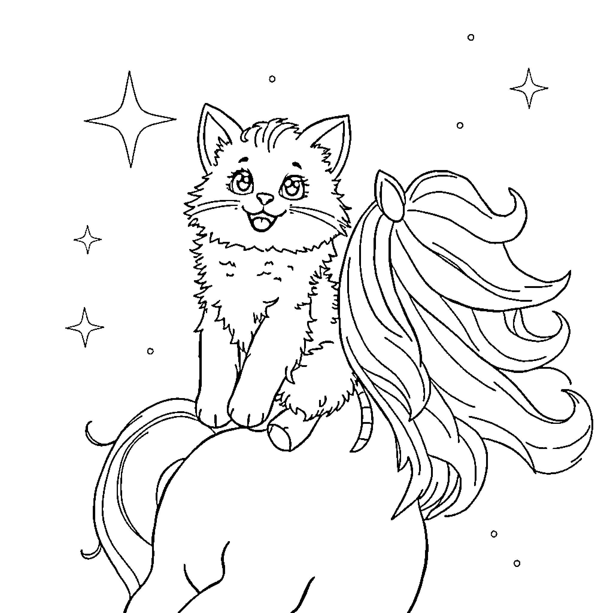 Kitty playing in a magical starry night Coloring Page (free black-and-white line drawing printable PDF for all, from beginners to advanced learners, including children, teens, adults, and seniors)