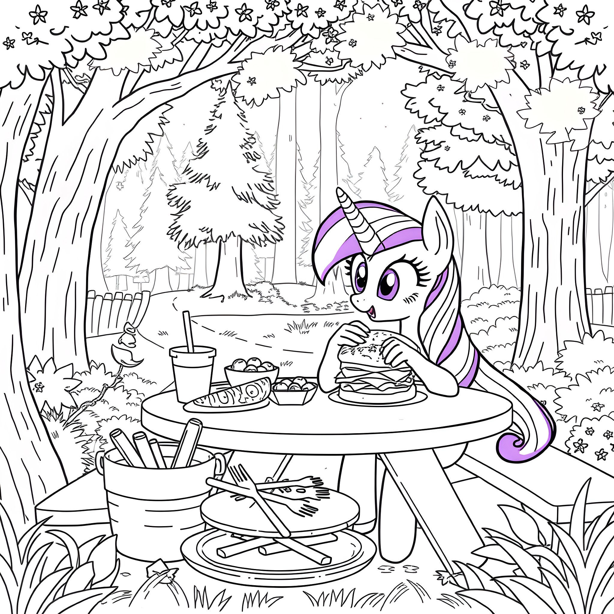 Twilight Sparkle enjoying a picnic in the forest Coloring Page (free black-and-white line drawing printable PDF for all, from beginners to advanced learners, including children, teens, adults, and seniors)