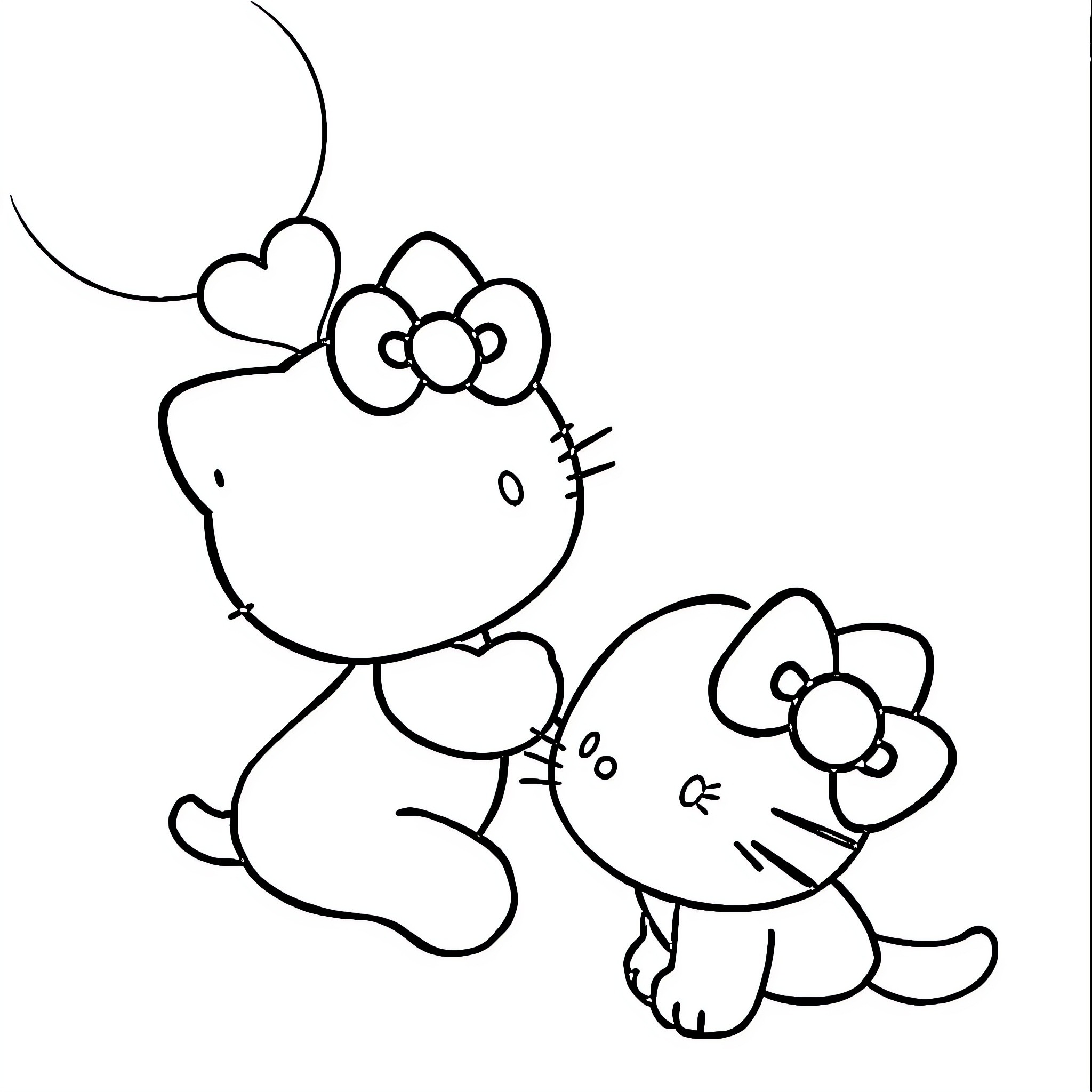 Hello Kitty playing with pet Coloring Page (free black-and-white line drawing printable PDF for all, from beginners to advanced learners, including children, teens, adults, and seniors)