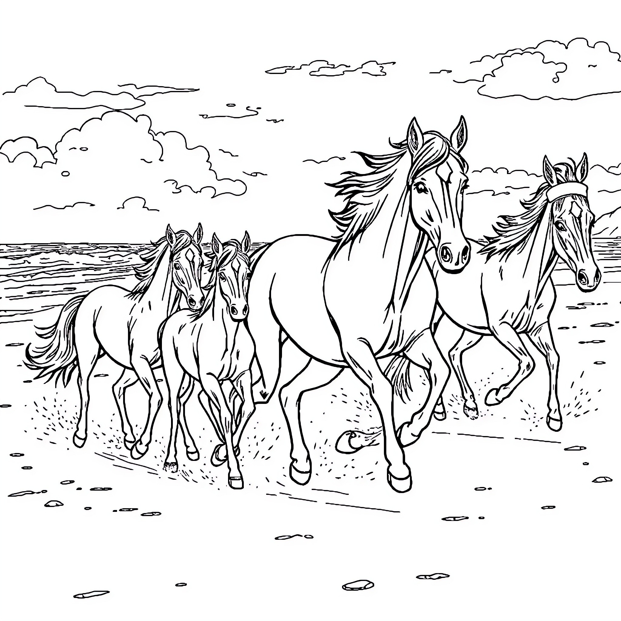 Horse herd running freely in the countryside Coloring Page (free black-and-white line drawing printable PDF for all, from beginners to advanced learners, including children, teens, adults, and seniors)