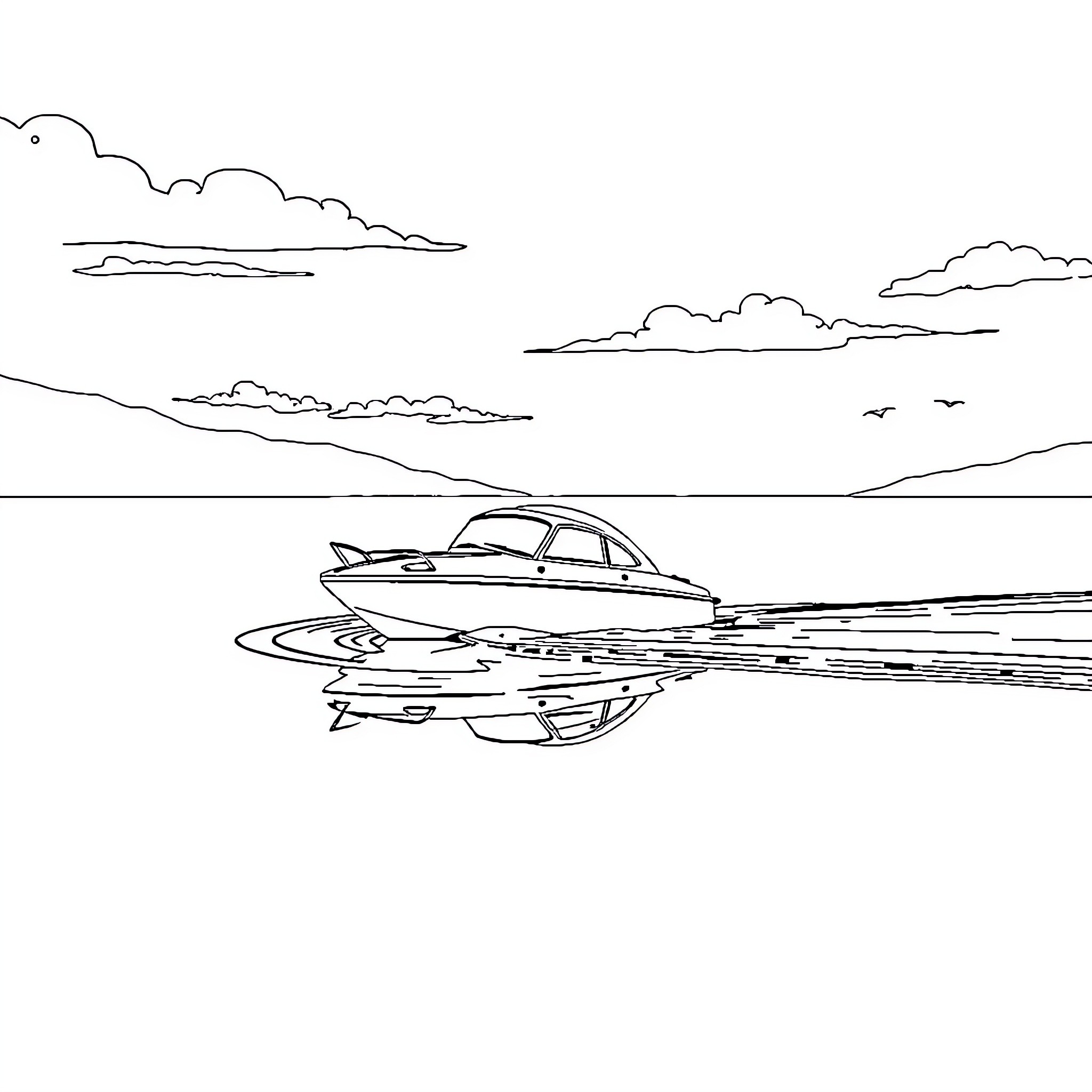 Car sailing across the tranquil waters Coloring Page (free black-and-white line drawing printable PDF for all, from beginners to advanced learners, including children, teens, adults, and seniors)