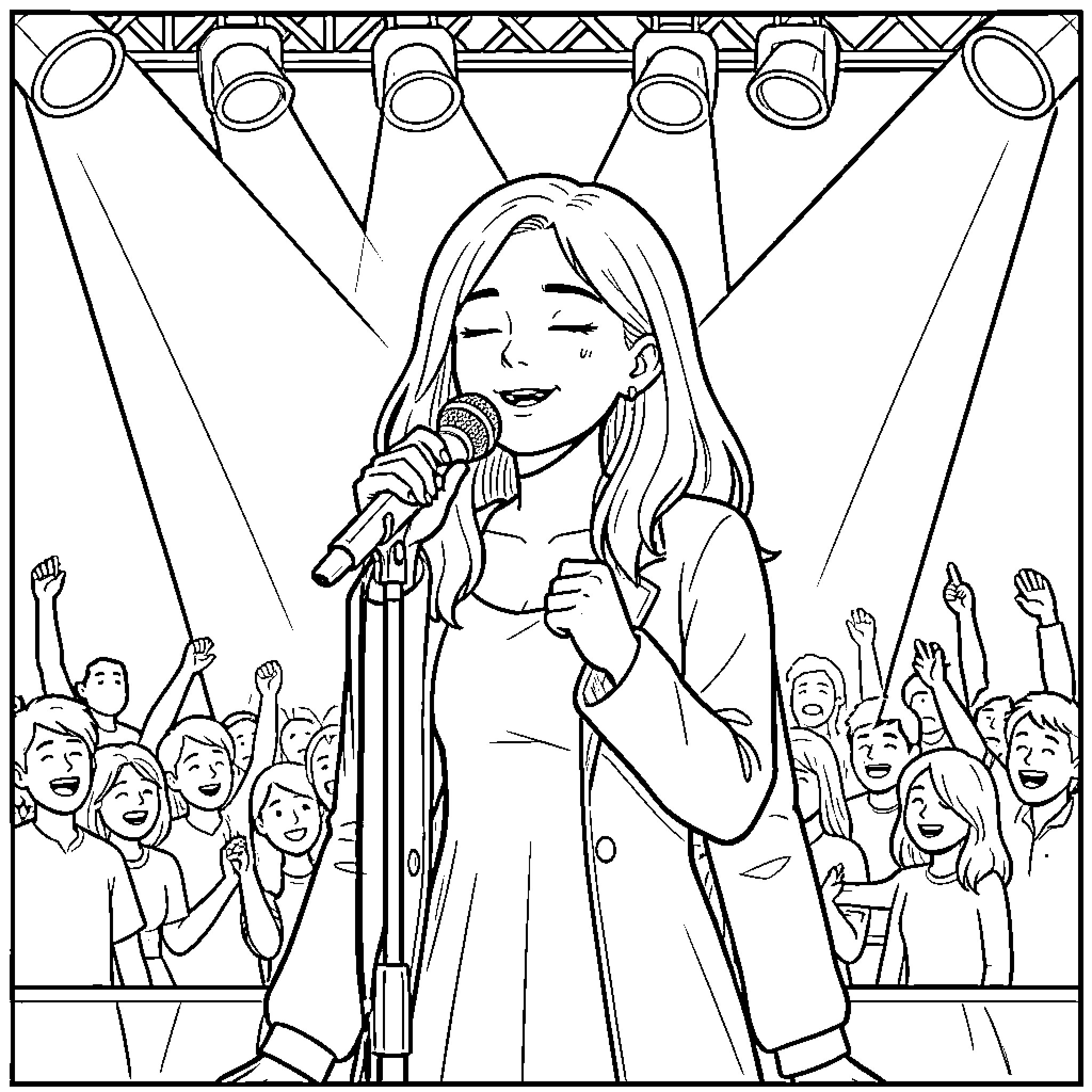 IU Performing on Stage with Applauding Fans Coloring Page (free black-and-white line drawing printable PDF for all, from beginners to advanced learners, including children, teens, adults, and seniors)