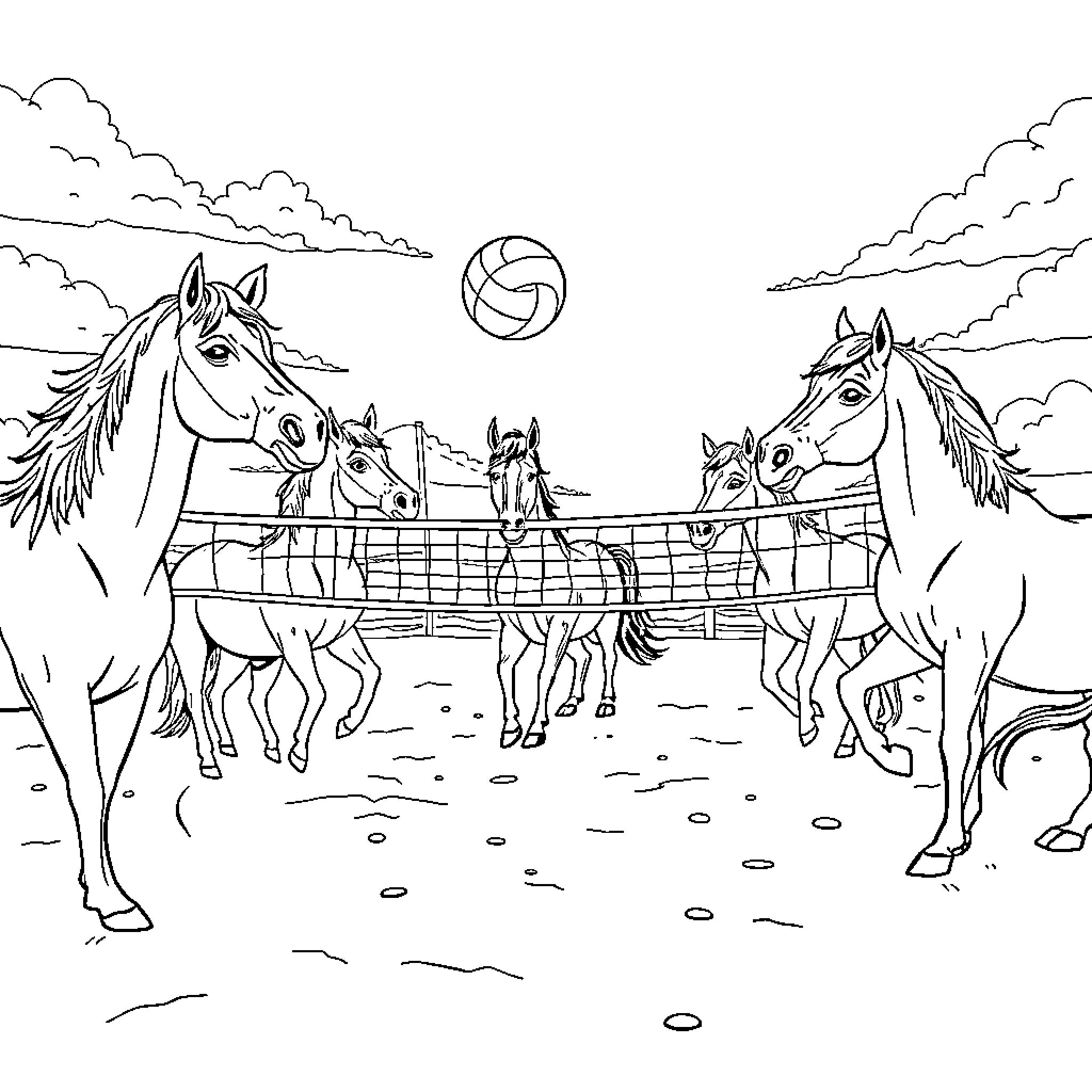 Horse team playing volleyball in field Coloring Page (free black-and-white line drawing printable PDF for all, from beginners to advanced learners, including children, teens, adults, and seniors)