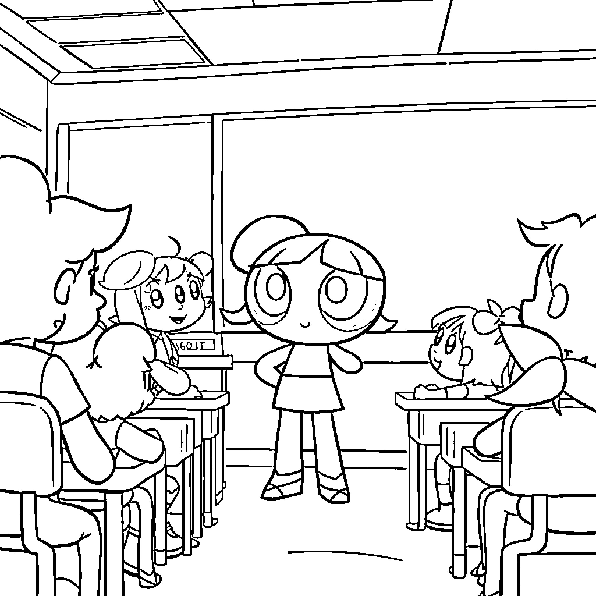 Buttercup's Classroom Adventure Coloring Page (free black-and-white line drawing printable PDF for all, from beginners to advanced learners, including children, teens, adults, and seniors)